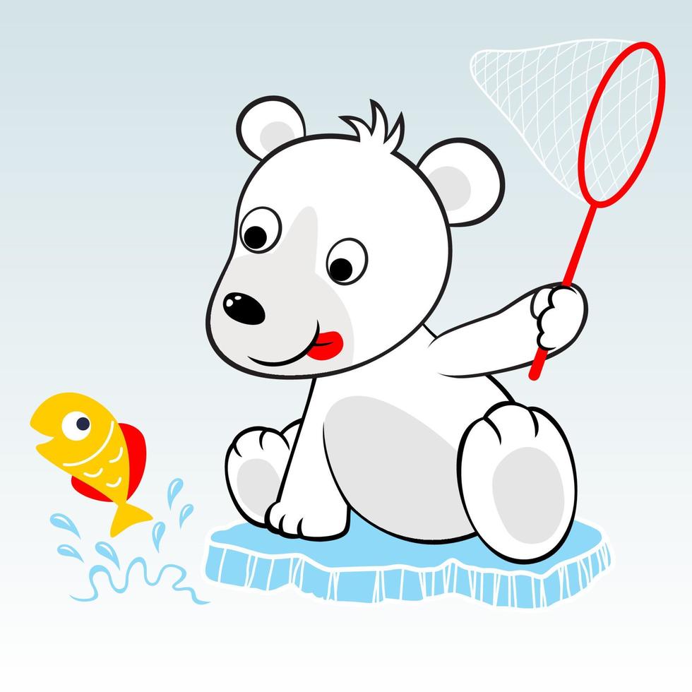 süß Polar- Bär Versuchen zu Fang Fisch mit Fisch Netz, Vektor Karikatur Illustration