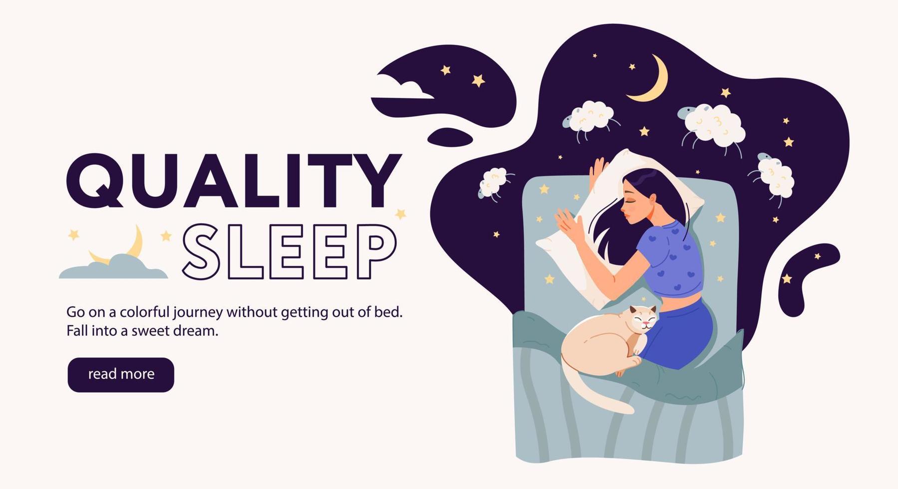 kvalitet sömn webb baner mall. de flicka sover i säng med henne katt. de flicka räknas får i henne sova. tecknad serie vektor illustration.