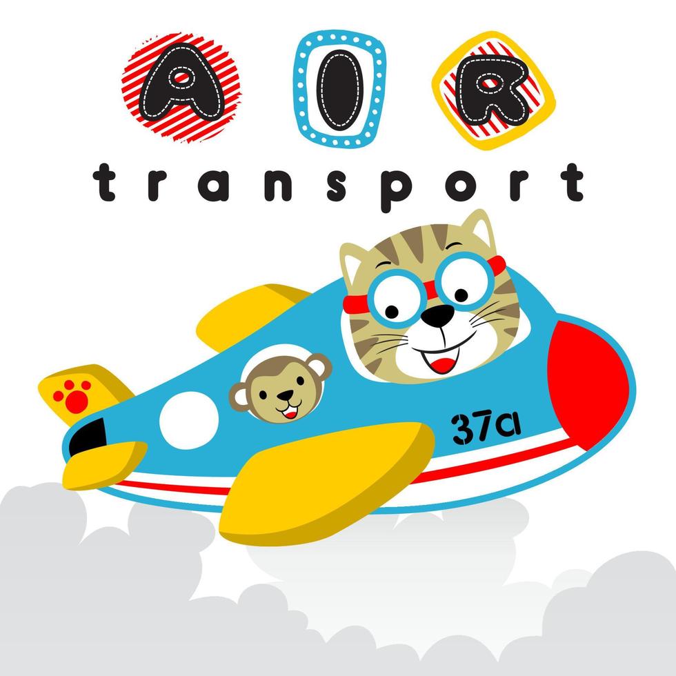 Vektor Karikatur von komisch Katze mit Affe auf Flugzeug