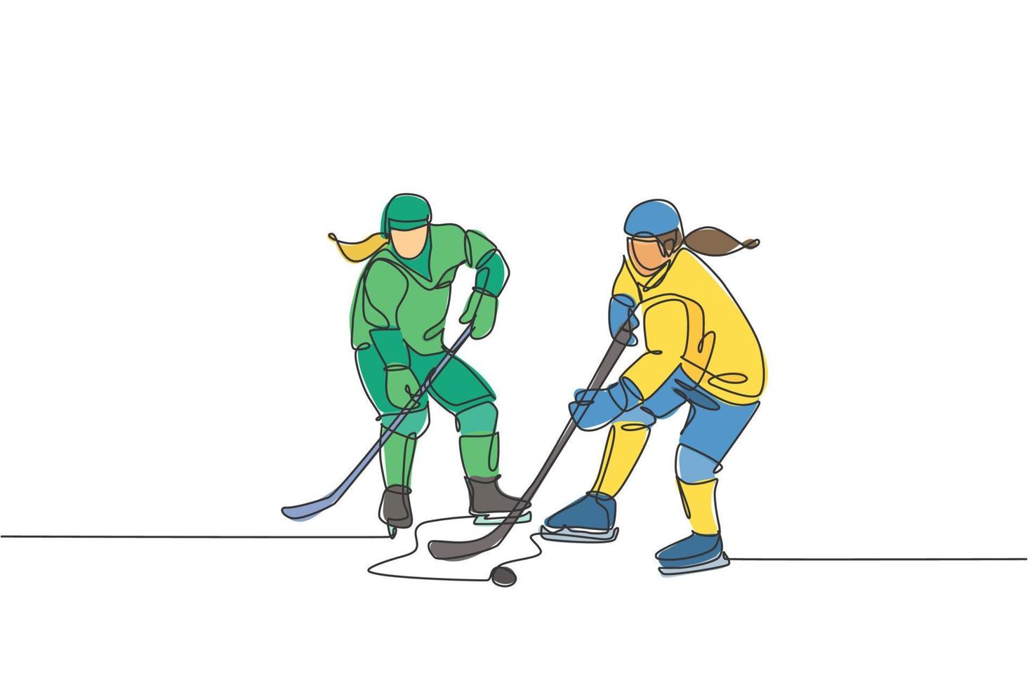 eine einzige Strichzeichnung von zwei jungen Eishockeyspielern in Aktion, um den Puck bei einem Wettkampfspiel auf der Vektorillustration des Eisbahnstadions zu gewinnen. Konzept für Sportturniere. Design mit durchgehender Linie vektor