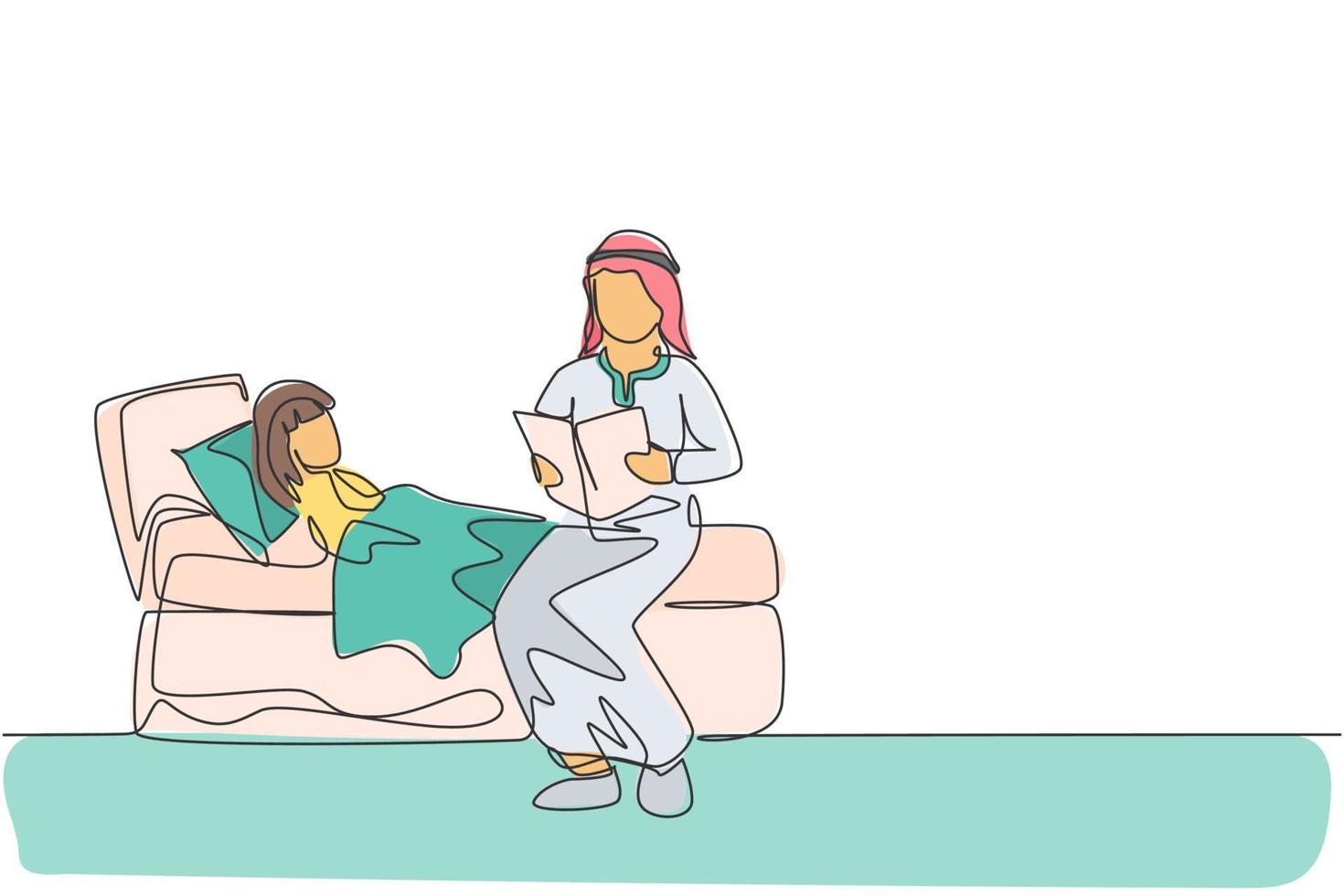 Eine durchgehende Strichzeichnung eines jungen arabischen Vaters las seiner Tochter im Schlafzimmer ein Geschichtenbuch vor. glückliches islamisches muslimisches liebevolles Elternkonzept. dynamische einzeilige Zeichnungsdesign-Vektorillustration vektor
