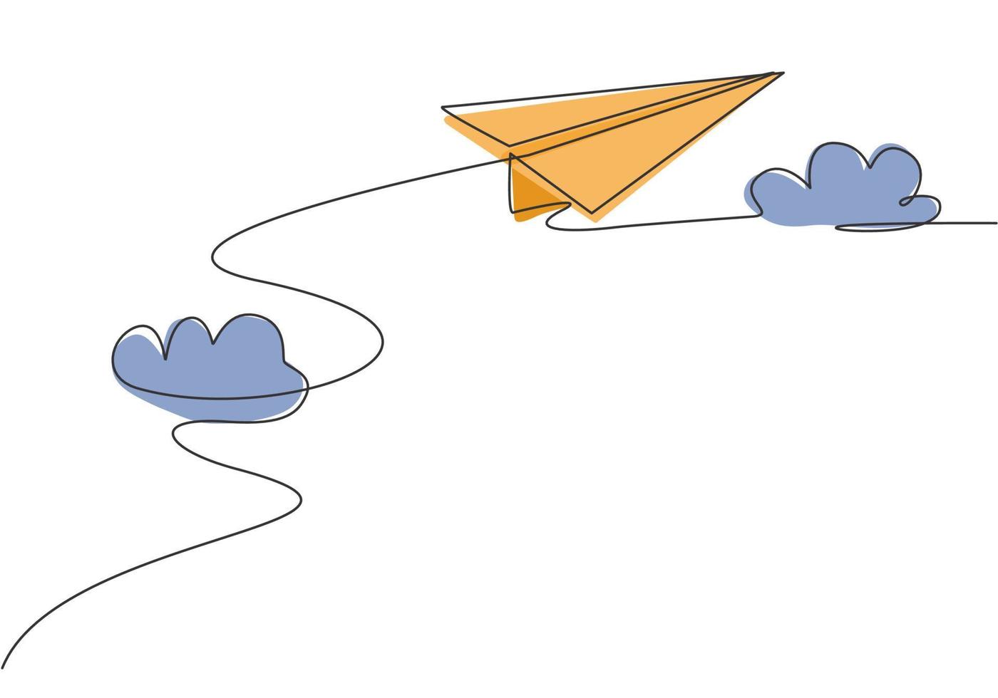 enda kontinuerlig linjeteckning av pappersplan som flyger genom molnen på vit bakgrund. pappersflygplan origami kid leksak. minimalism koncept dynamisk en rad rita grafisk design vektor illustration