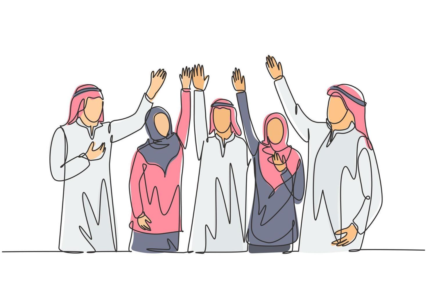 enda kontinuerlig linje ritning av ung muslimsk affärsman som höjer händerna i luften tillsammans. arabiska Mellanöstern affärsmän med shmagh, kandura, klädduk. en linje rita design vektor illustration