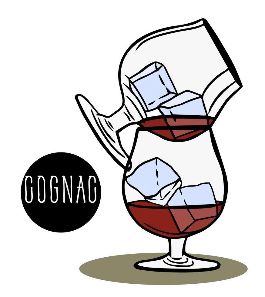uppsättning av cognac kompositioner. två glasögon med de resterna av cognac och is kuber är på topp av varje Övrig. alkohol, brandy eller cognac i en dryck glas, alkoholhaltig cocktail. vektor
