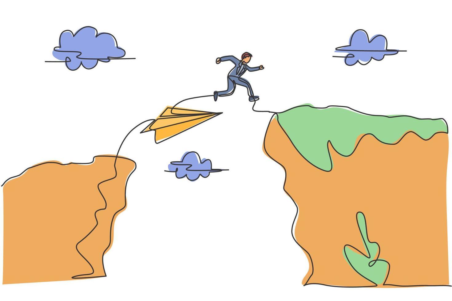 einzelne durchgehende Strichzeichnung junger Geschäftsmann, der vom Papierflugzeug springt, um einen Berg zu überqueren. professionelles geschäftsmann-metapher-konzept. minimalismus eine linie zeichnen. Grafikdesign-Vektorillustration vektor