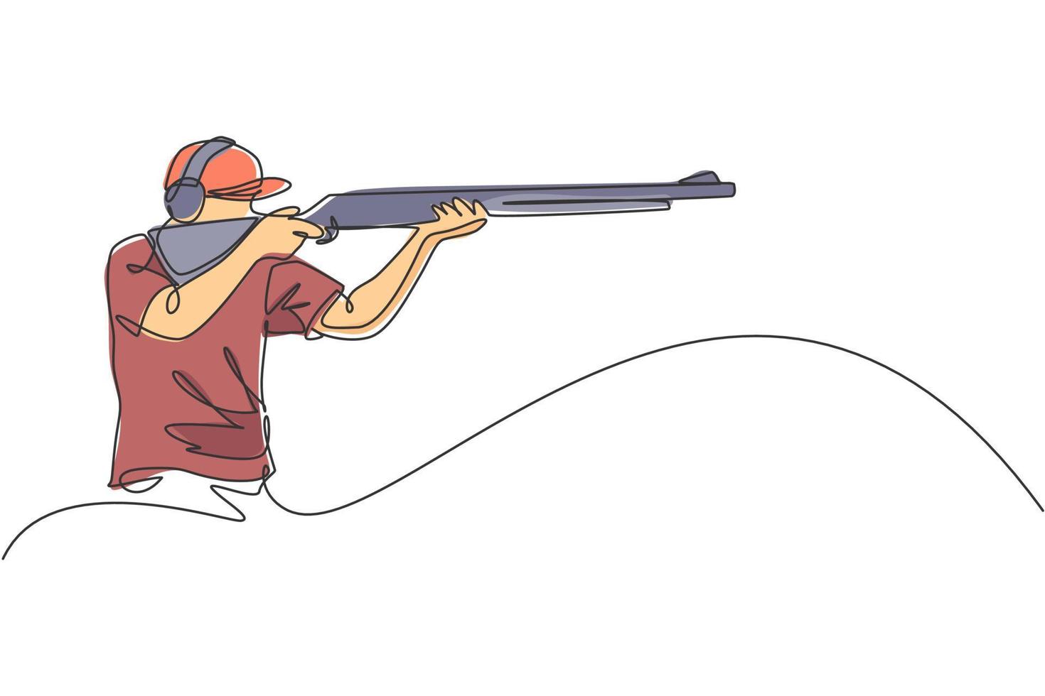 en kontinuerlig linje ritning ung man på att skjuta träningsplats för tävling med gevär. utomhus skytte sport koncept. dynamisk en rad rita grafisk design vektorillustration vektor