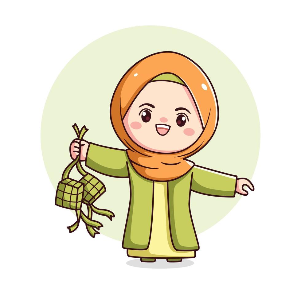 söt hijab flicka innehav Ketupat chibi söt vektor