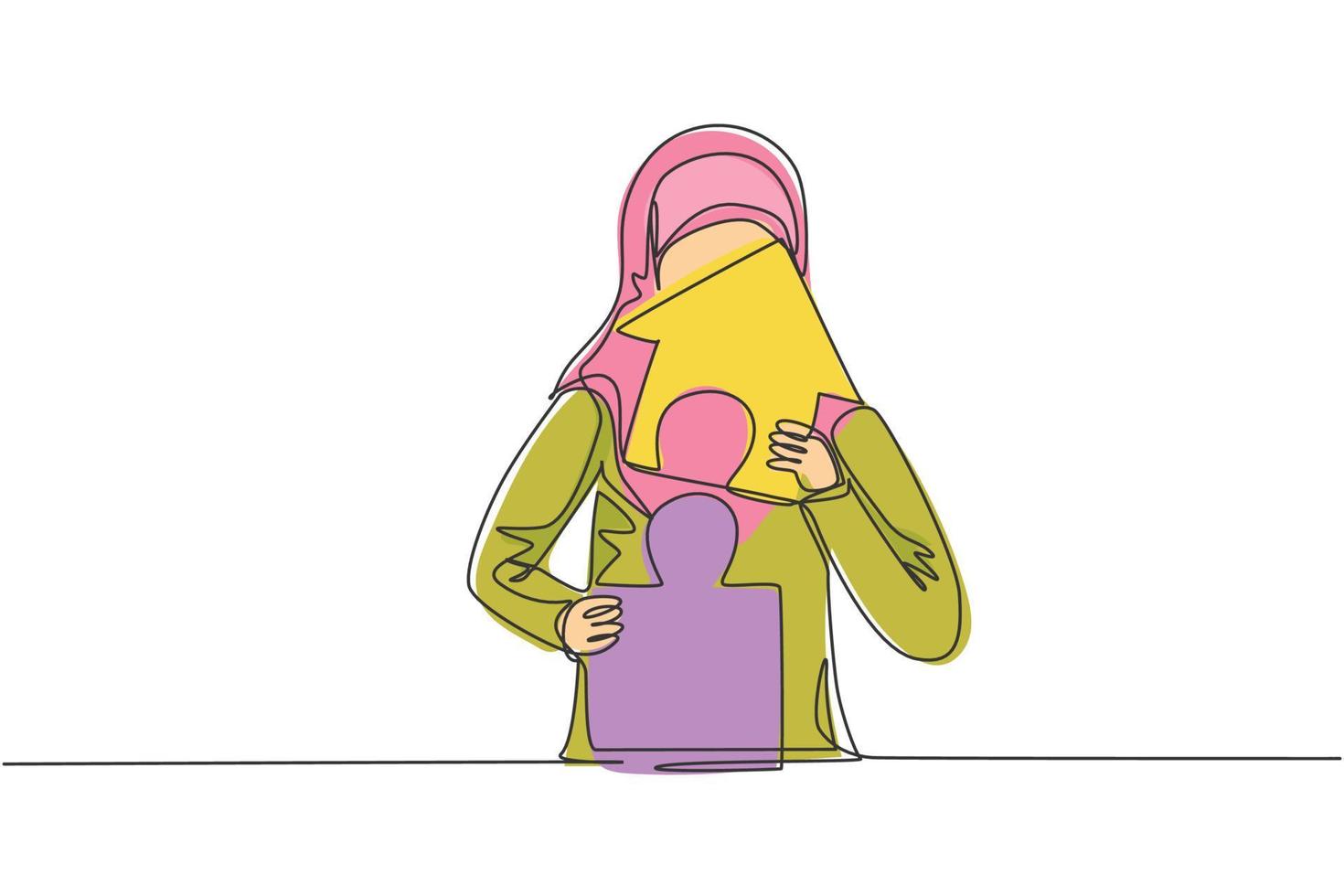 enda enradsteckning av ung arabisk affärskvinna bygga pussel i husbyggnad. affärsekonomisk tillväxt minimal koncept. modern kontinuerlig linje rita design grafisk vektor illustration