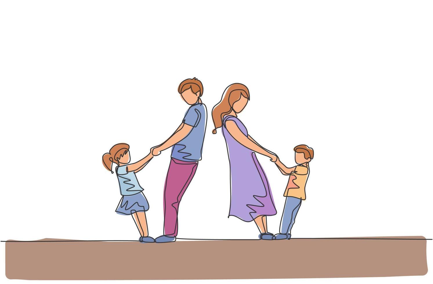 enda kontinuerlig linjeteckning av ung mor och dotter som håller sin son och dotter i handen medan de dansar tillsammans hemma. lycklig familj föräldraskap koncept. en linje rita design vektor illustration