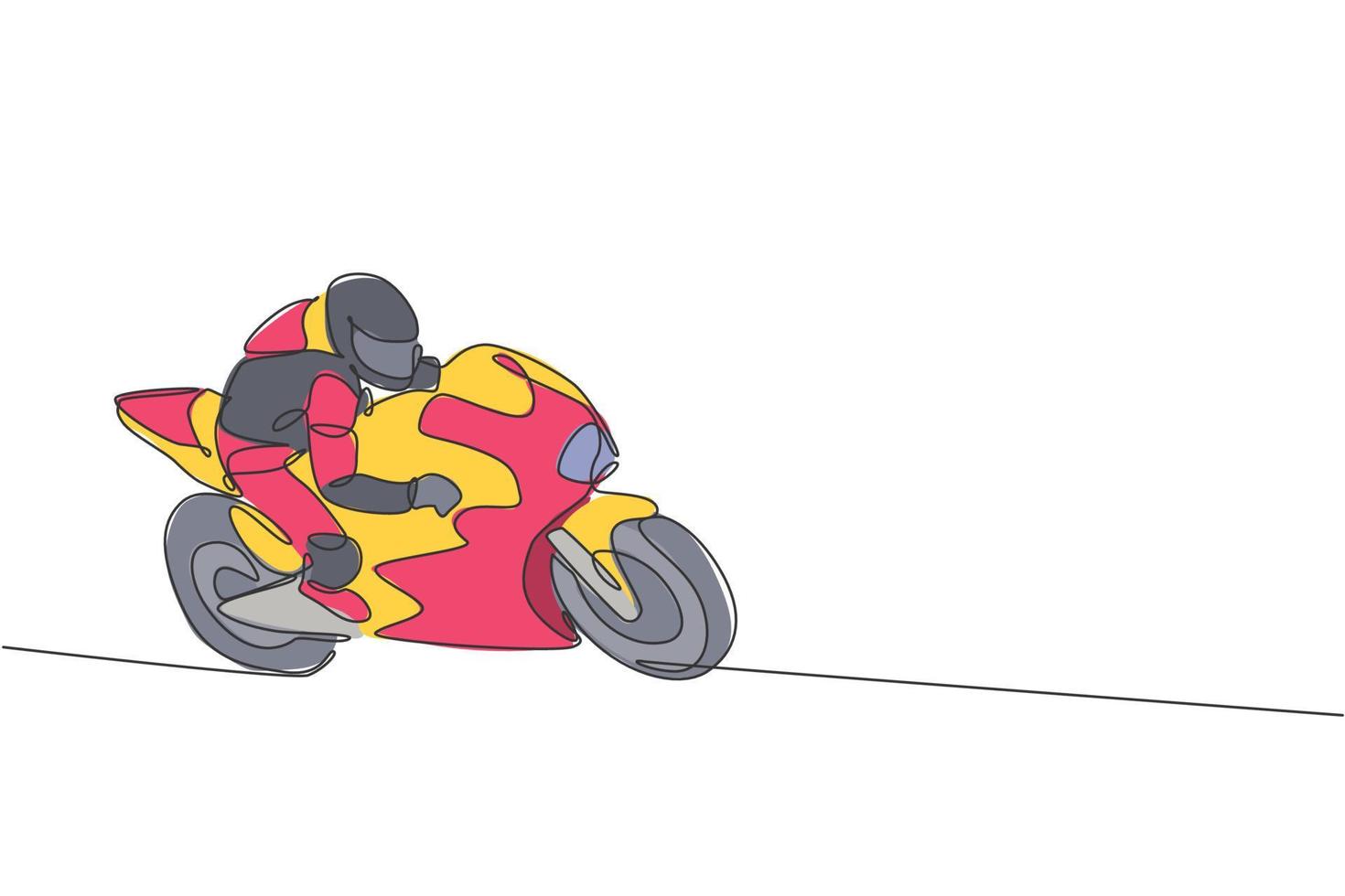 eine durchgehende Strichzeichnung eines jungen Motorradfahrers, der übt, um die Fahrradgeschwindigkeit zu verbessern. Super-Bike-Rennkonzept-Vektorillustration. dynamisches Single-Line-Draw-Design für Werbeplakate für Motorradrennen vektor