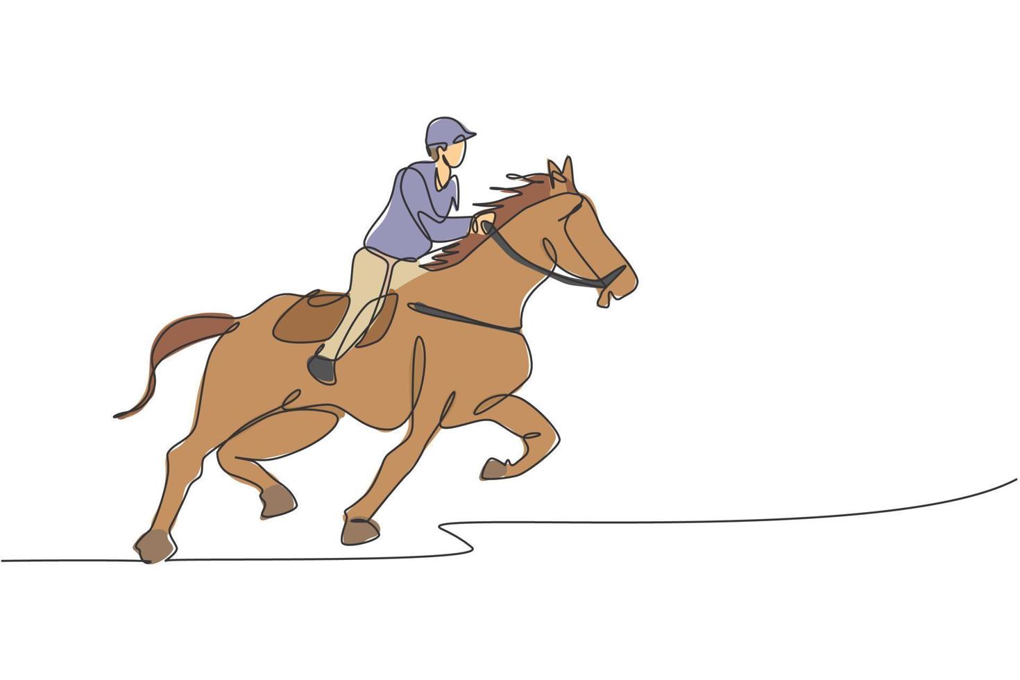 einzelne durchgehende Linienzeichnung eines jungen professionellen Reiters, der mit einem Pferd um die Ställe läuft. Reitsport-Trainingsprozesskonzept. trendige einzeilige zeichnen design-vektorillustration vektor
