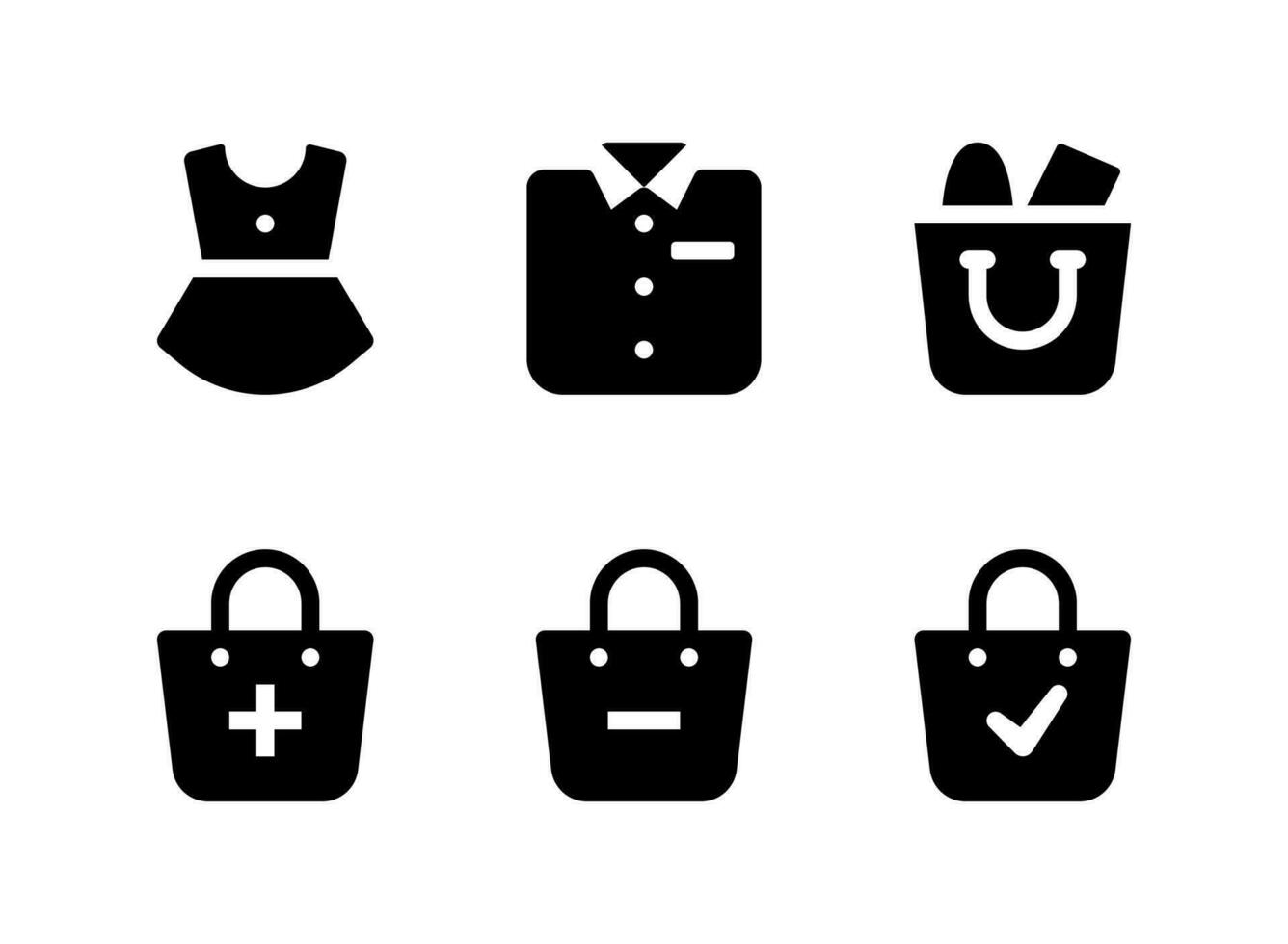 enkel uppsättning e-handelsrelaterade fasta ikoner. innehåller ikoner som klänning, skjorta, livsmedelspåse och mer. vektor
