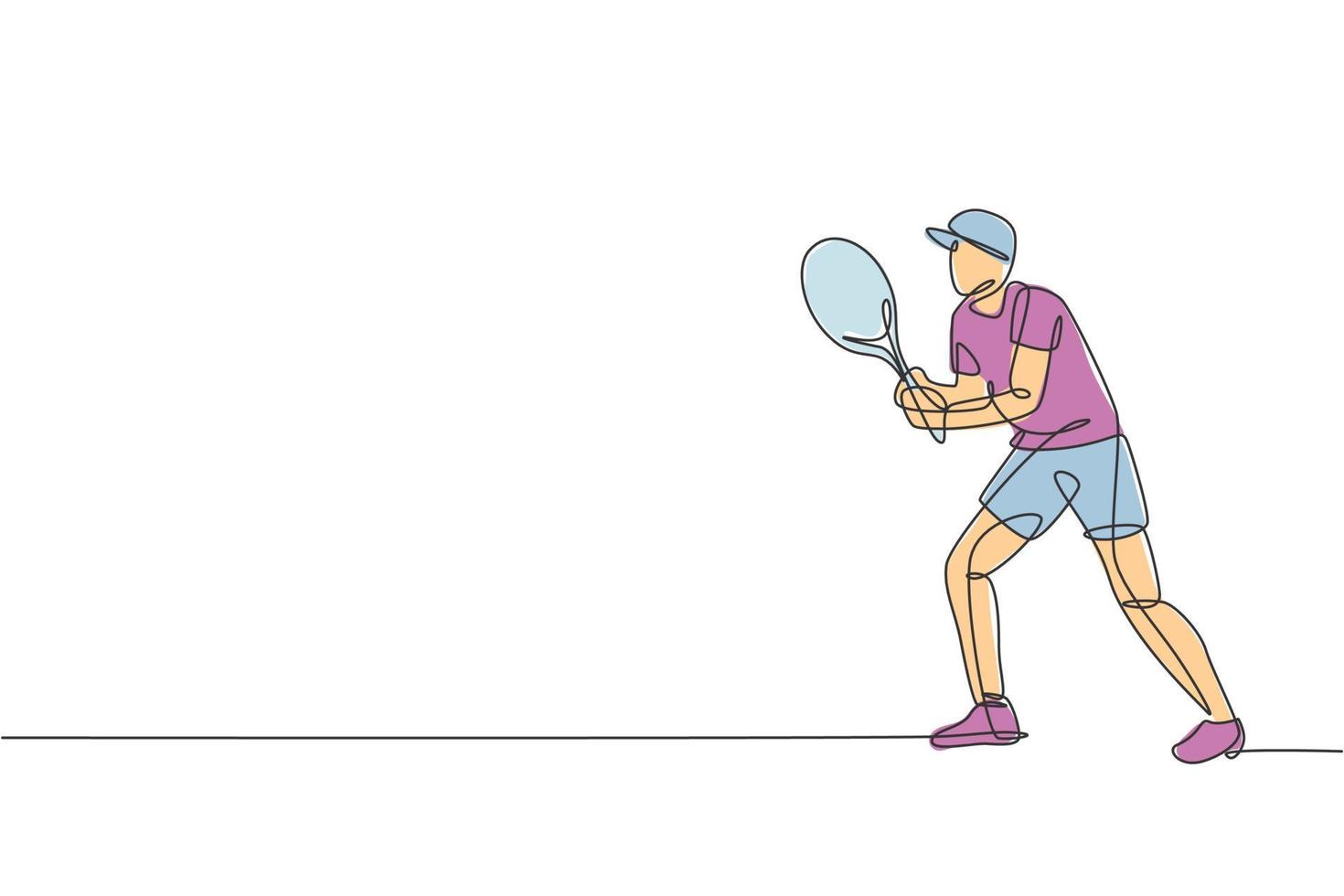 einzelne fortlaufende Linienzeichnung junger agiler Tennisspieler konzentriert sich darauf, den Ball zu schlagen. Sportübungskonzept. trendige Designvektorillustration mit einer Linie für Tennisturnier-Werbemedien vektor