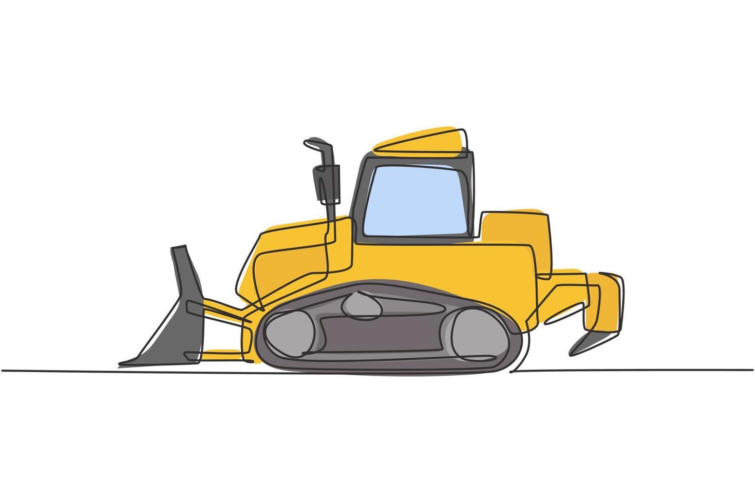 enda kontinuerlig ritning av bulldozer för asfaltering av väg, nyttofordon. tunga traktorgrävare konstruktion maskiner utrustning koncept. trendig enradig design vektor grafisk illustration