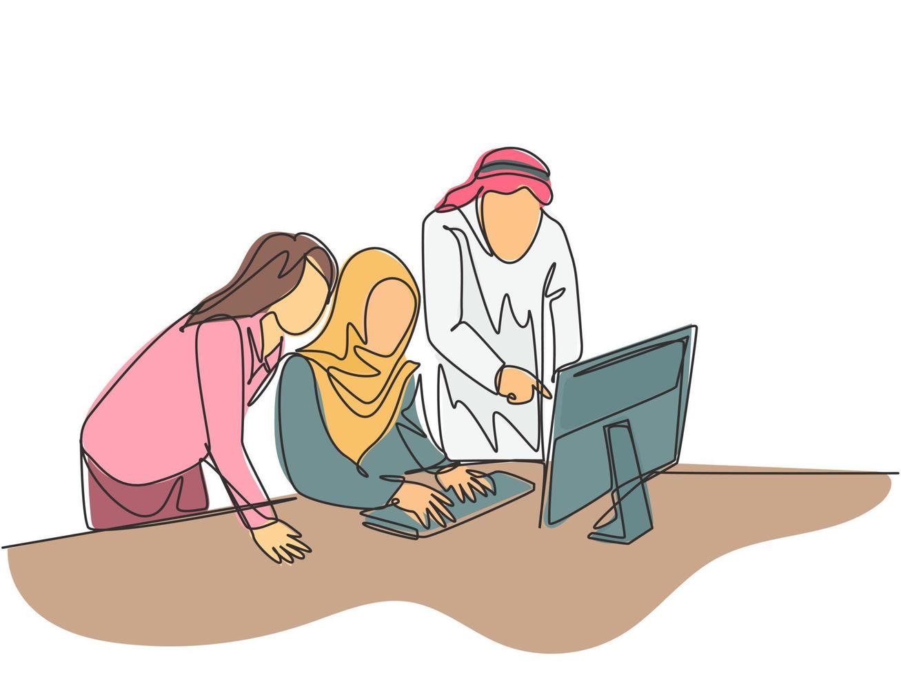 en enda radritning av unga muslimska anställda som diskuterar affärsförslag med kollegor. saudiarabien tygkandora, huvudduk, thobe hijab. kontinuerlig linje rita design vektor illustration
