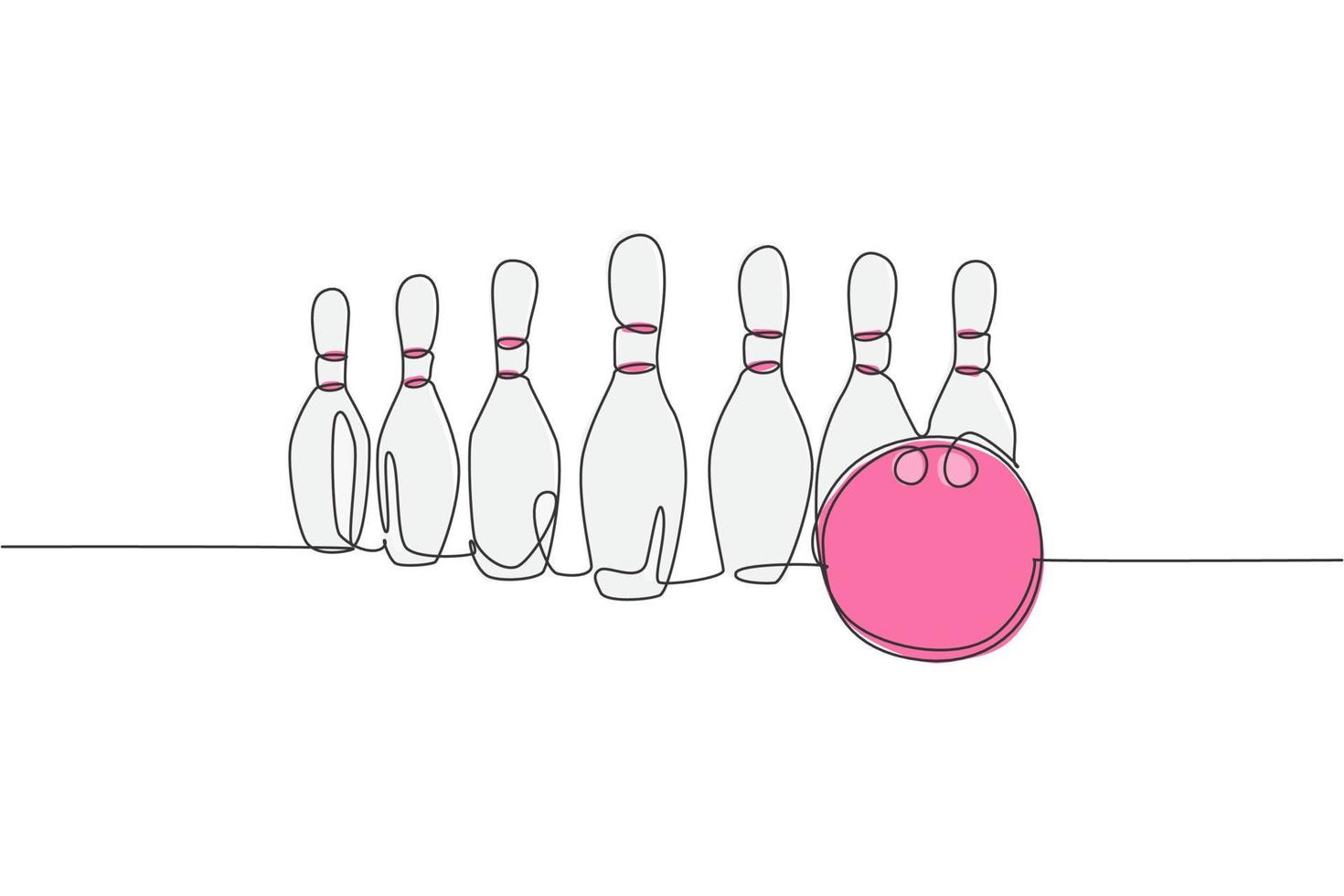 einzelne durchgehende Linie, die Bowling-Pins zeichnet, die an der Bowlingbahn aufgereiht sind. Sporthobby im Freizeitkonzept machen. trendige einzeilige zeichnen design-vektor-illustrationsgrafik vektor