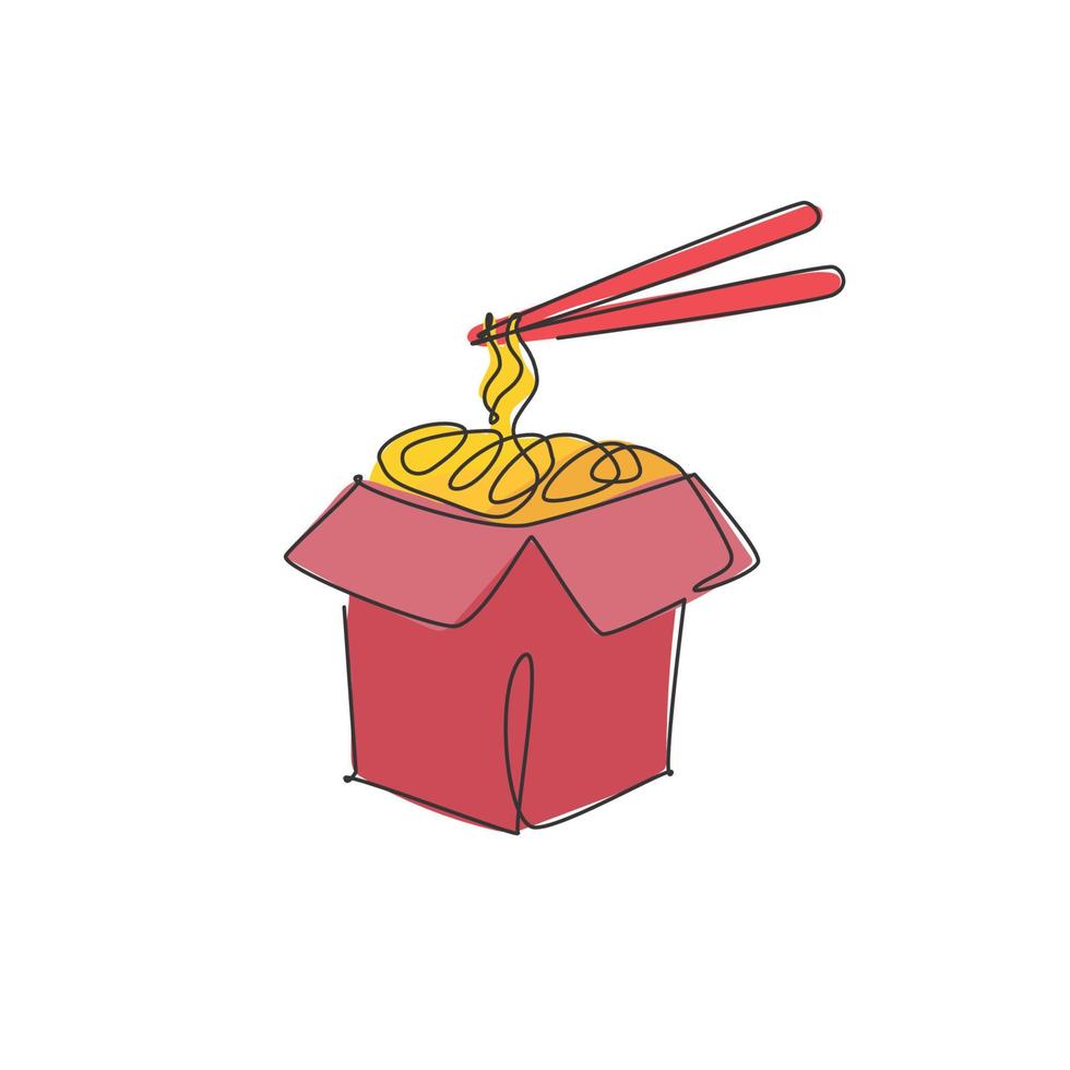 Eine einzelne Linie, die scharfe Nudeln zeichnet, speichert Logo-Grafik-Vektorillustration. Pasta auf Box Fast-Food-Café-Menü und Restaurant-Abzeichen-Konzept. modernes Street-Food-Logo mit durchgehender Linienführung vektor