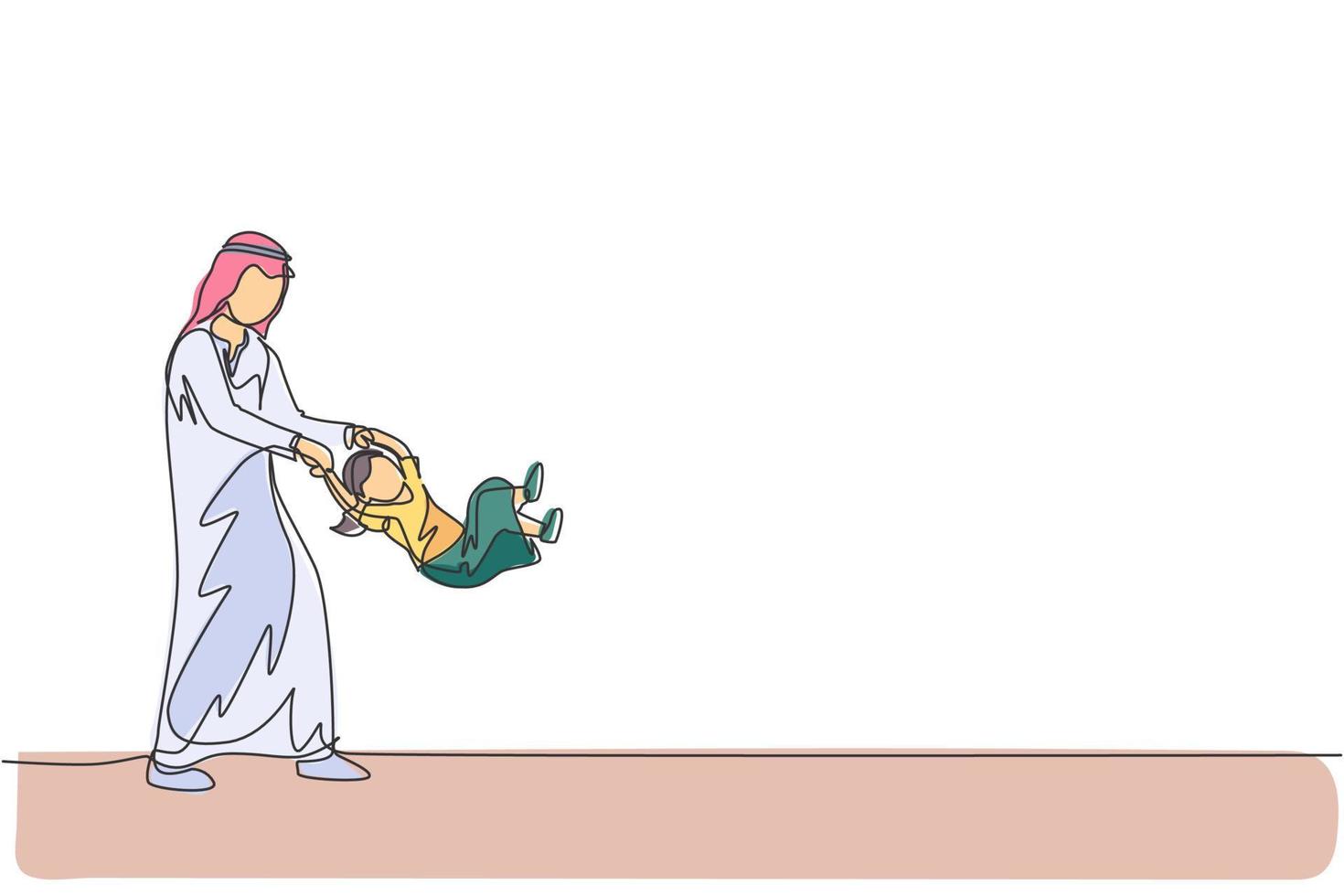 Eine durchgehende Strichzeichnung des jungen arabischen Vaters spielt ihre Tochter zu Hause und schwingt sie. glückliches islamisches muslimisches liebevolles Elternkonzept. dynamische einzeilige Zeichnungsdesign-Vektorillustration vektor
