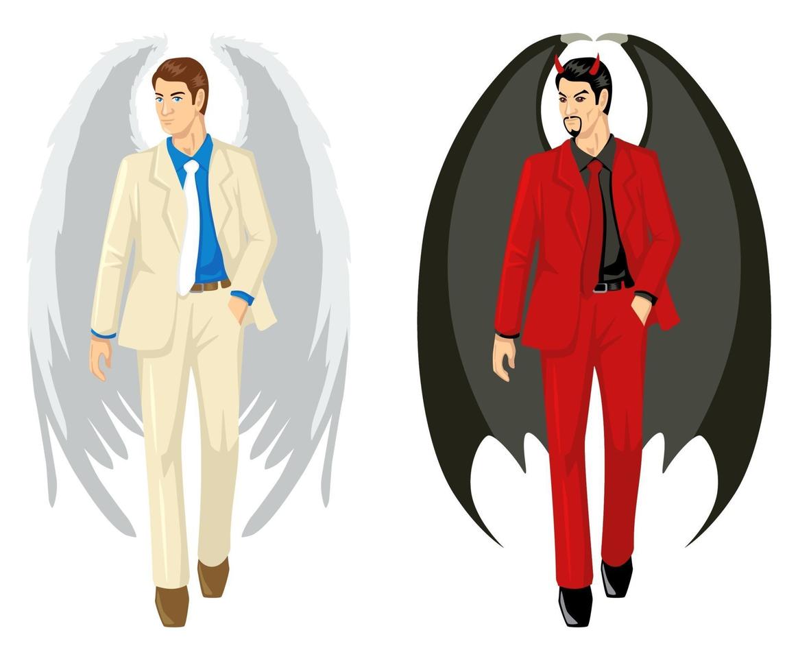 tecknad av en ängel och en djävul som bär kostym vektor