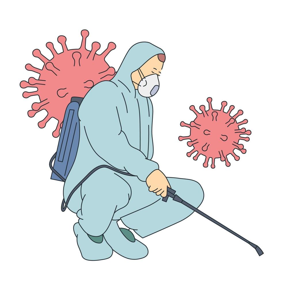 coronavirus, strider, infektion, skyddskoncept. man i virusskyddande kostym och mask desinficerar byggnader av koronavirus med spruta. platt vektorillustration vektor