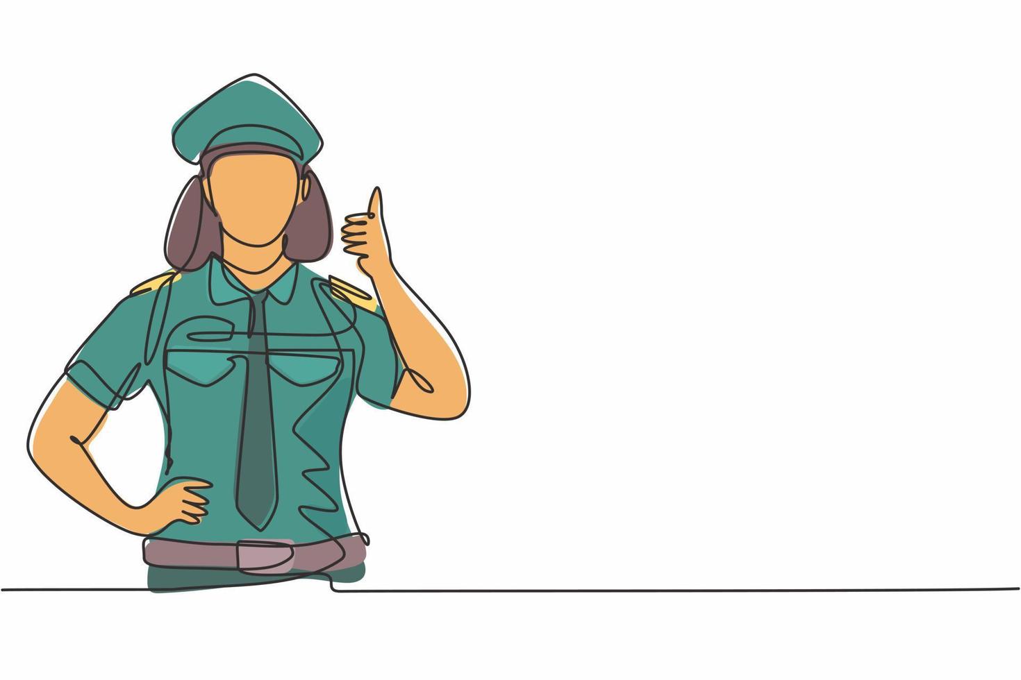 enda en linje ritning av en kvinnlig pilot med tummen upp-gest och i full uniform redo att flyga med kabinpersonal på planet på flygplatsen. kontinuerlig linje rita design grafisk vektor illustration