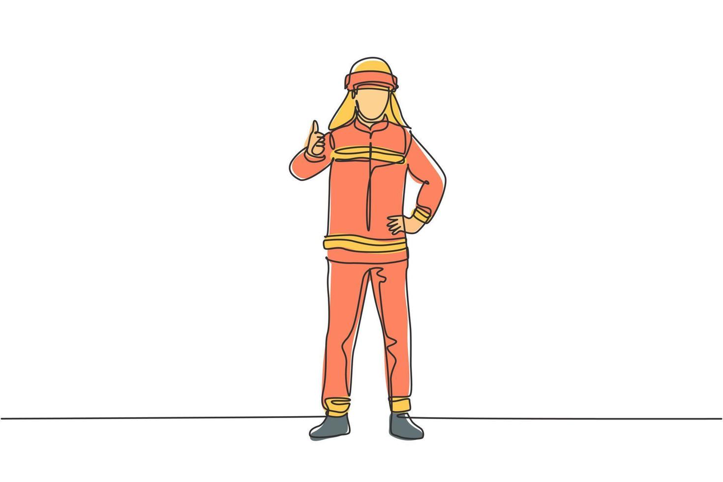 enda en linje ritning av brandmän stod bär hjälmar och uniformer komplett med en tumme upp för att arbeta för att släcka elden. kontinuerlig linje rita design grafisk vektor illustration.
