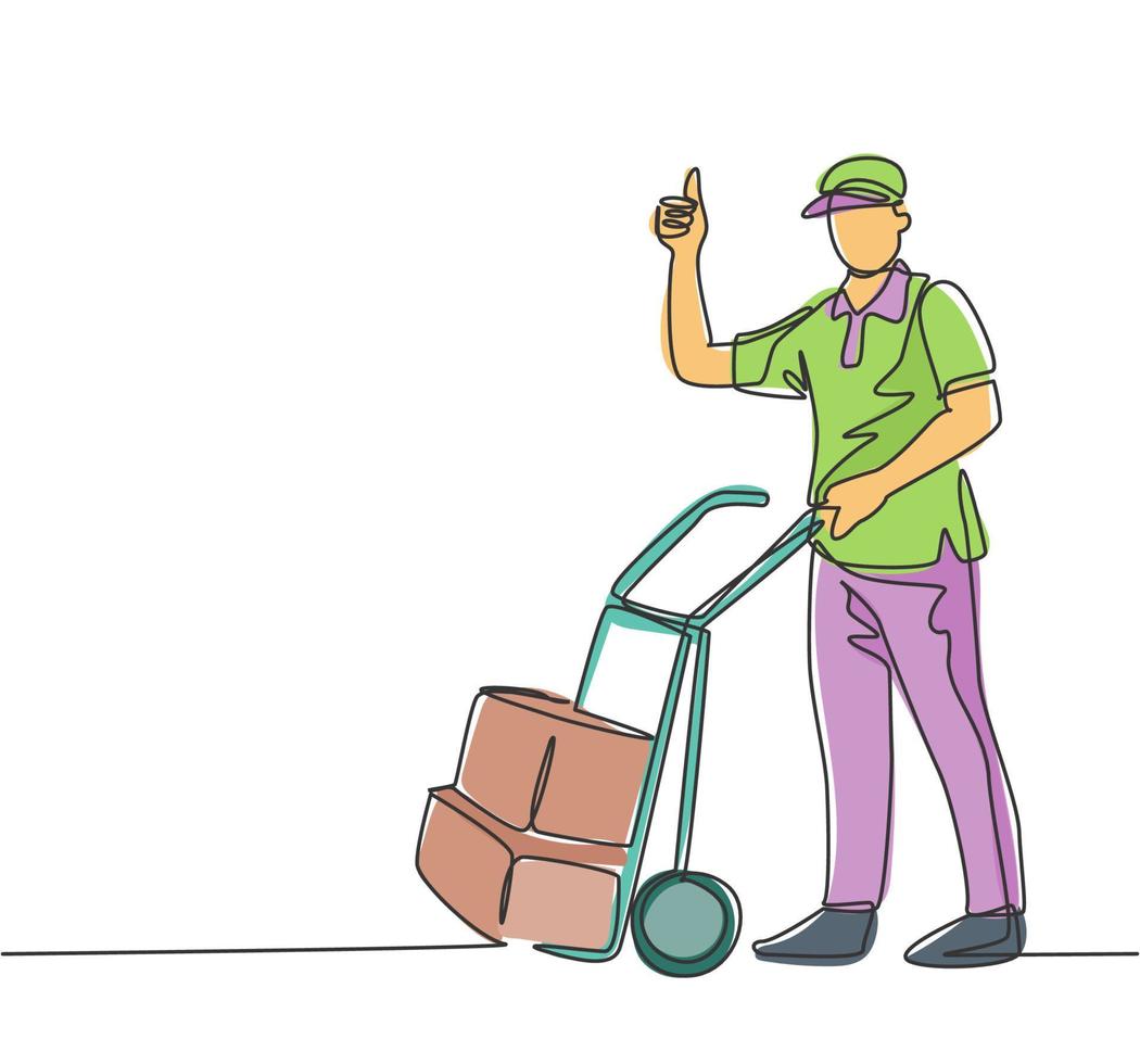 Eine Strichzeichnung des jungen Lieferers gibt Daumen hoch, während er Kartonpaket mit Trolley zum Kunden trägt. Lieferservice-Konzept. durchgehende Linie zeichnen Design-Vektor-Illustration vektor