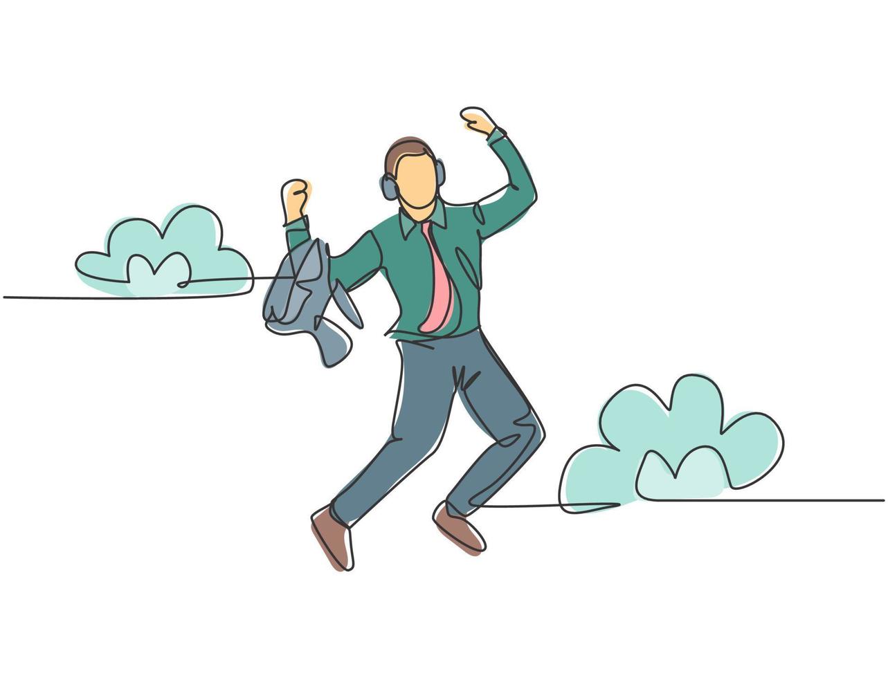 Eine Strichzeichnung eines jungen glücklichen Geschäftsmannes, der einen Anzug trägt, der über die Wolke springt, während er Musik hört. Geschäftserfolg Feier Konzept kontinuierliche Linie zeichnen Design Vektorgrafik Illustration vektor
