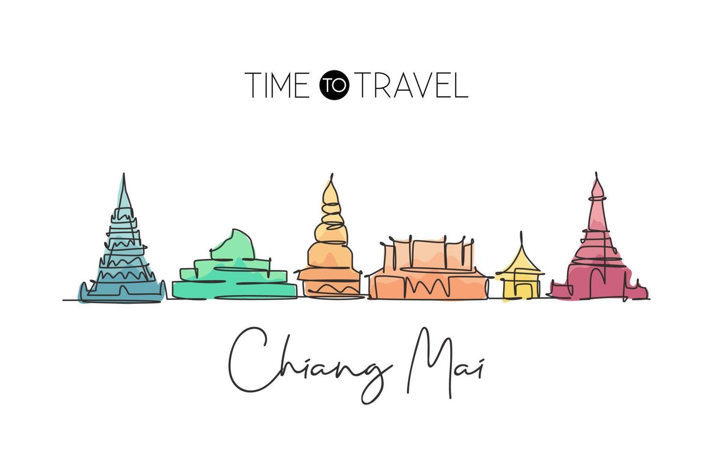 eine durchgehende linie zeichnet die skyline der stadt chiang mai, thailand. schönes Wahrzeichen. Weltlandschaftstourismusreise-Ferienplakat. bearbeitbare, stilvolle, einzeilige, strichzeichnung, design, vektor, illustration vektor