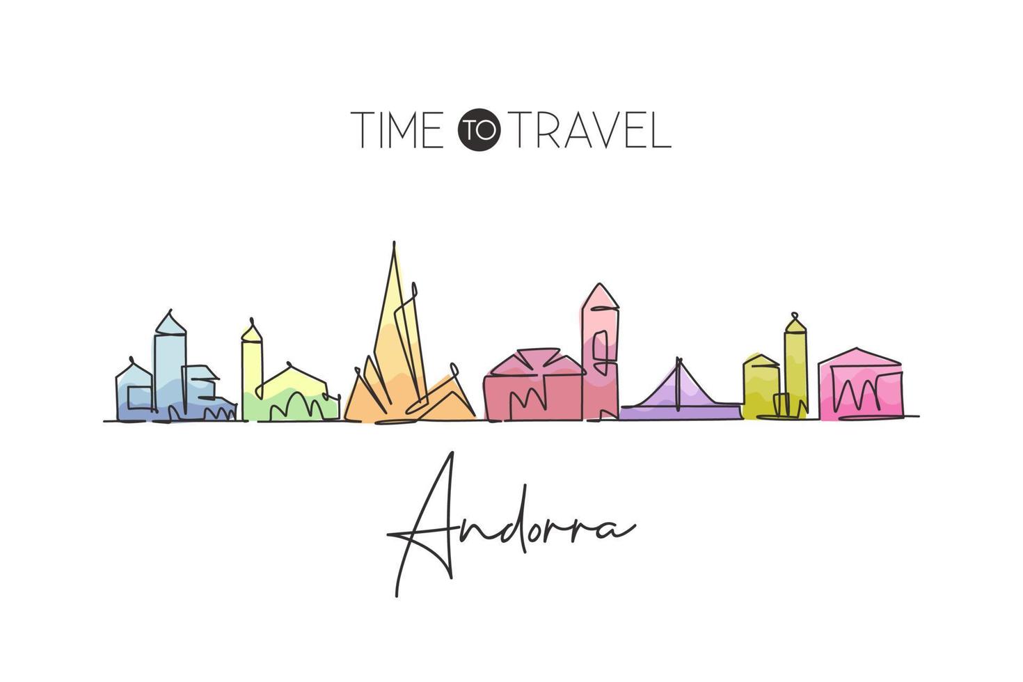 eine durchgehende Strichzeichnung der Skyline von Andorra la Vella. schöne Wahrzeichenpostkarte. Weltlandschaftstourismus Reiseurlaub. bearbeitbare, stilvolle, einzeilige, strichzeichnung, design, vektor, illustration vektor