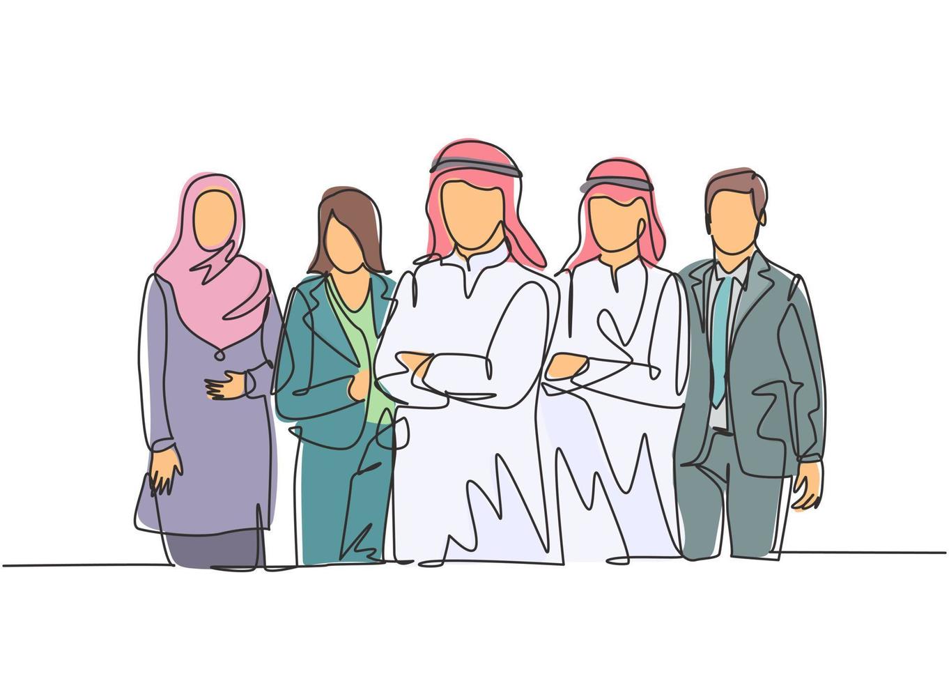 en kontinuerlig linje ritning grupp av unga muslimska och multi -etniska chef poserar tillsammans. islamiska kläder shemag, kandura, halsduk, hijab, slöja. enkel linje rita design vektor illustration