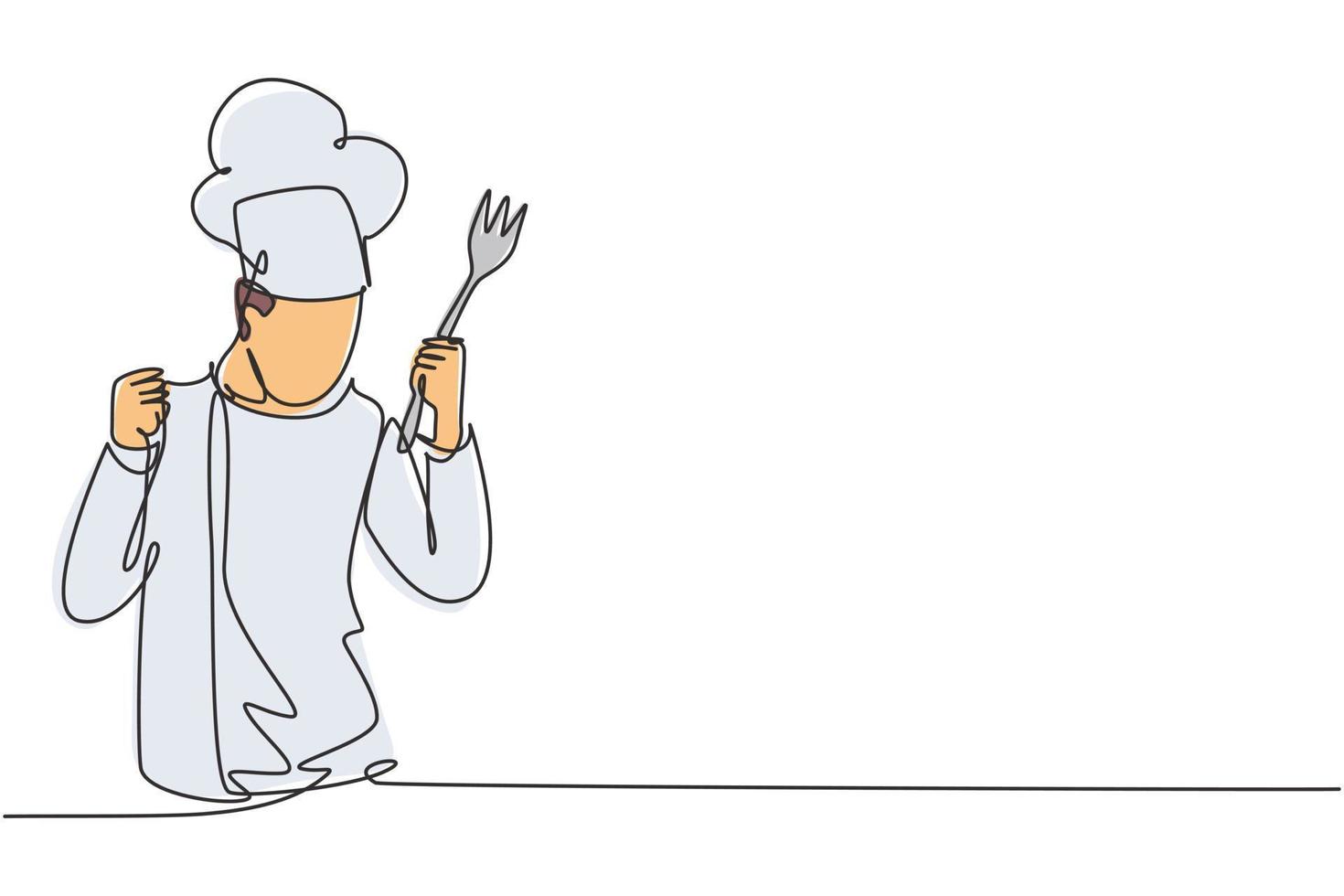 enda enradig kock med firande gest, håller gaffel och bär matlagningsuniformer är redo att laga mat för gäster på restauranger. kontinuerlig linje rita design grafisk vektor illustration