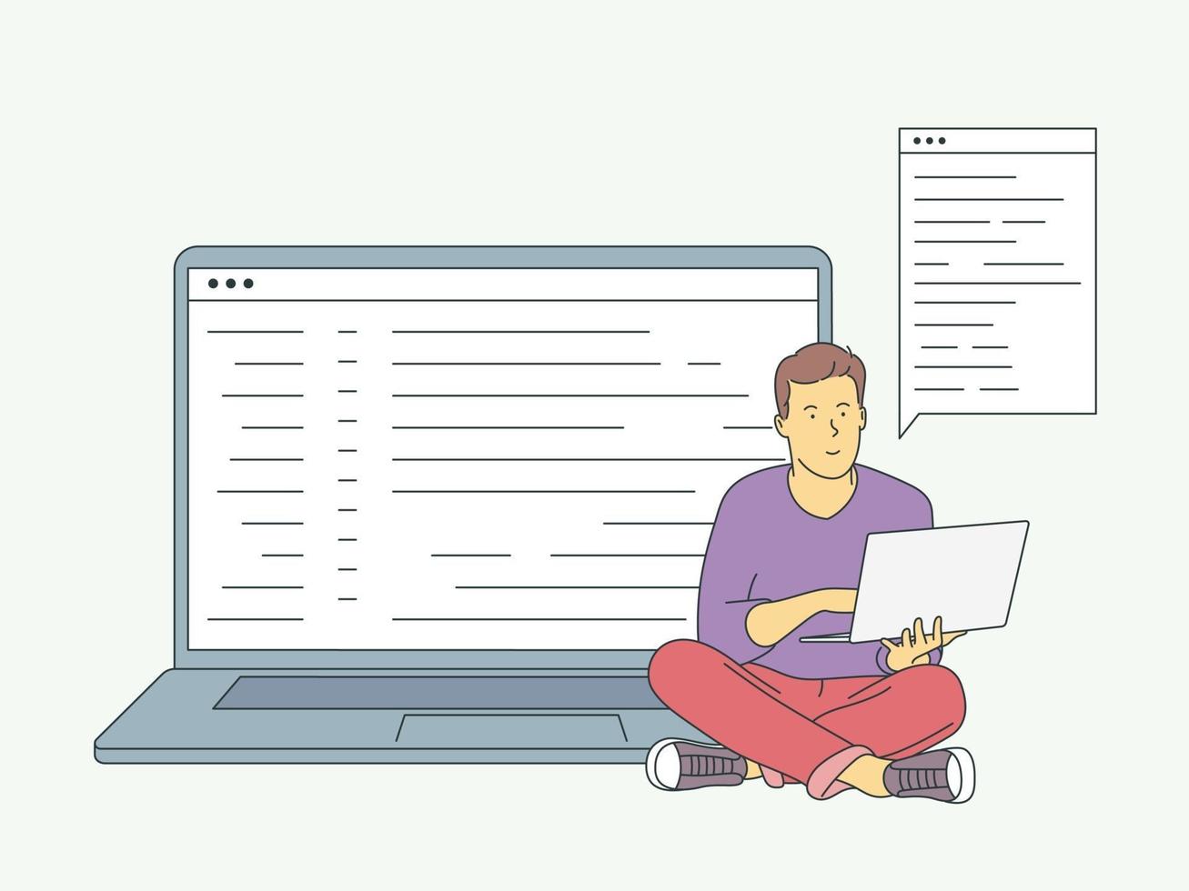 webbplats, programmering, utvecklingskoncept. ung frilansare programmerare som kodar med bärbar dator. platt vektorillustration vektor