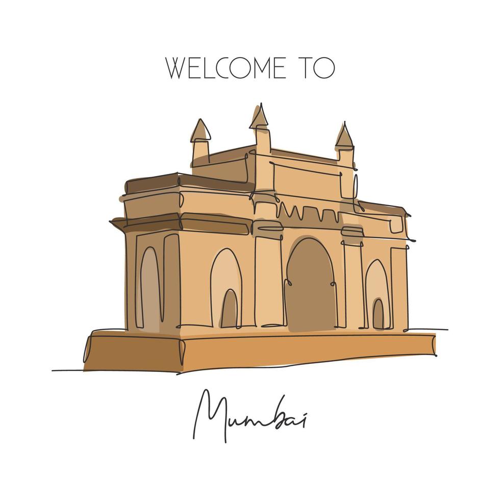 en kontinuerlig linjeritning gateway av Indien landmärke. symboliskt monument i mumbai indien. semester turné resor vägg dekor affisch print konst koncept. moderna en rad rita design vektorillustration vektor