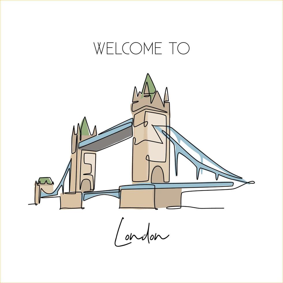 enda kontinuerlig linje ritning torn bro landmärke. ikonisk skönhetsplats i london, Storbritannien. världsresor heminredning väggkonst affisch print koncept. en rad rita design vektorillustration vektor