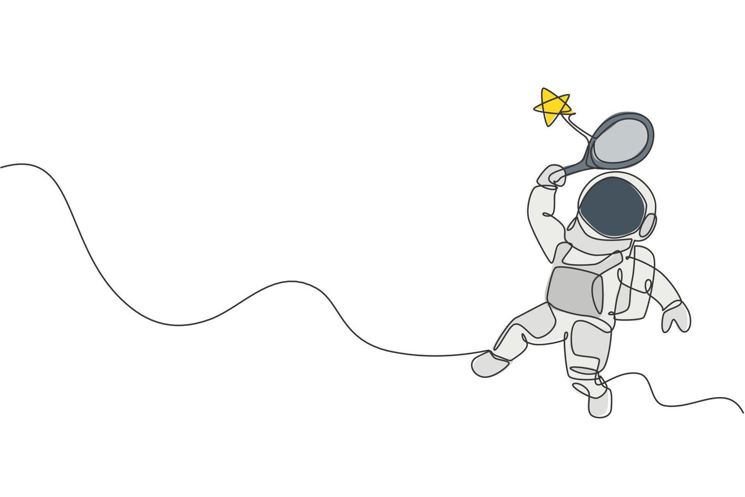 en kontinuerlig linjeteckning av kosmonaut som utforskar yttre rymden. astronaut slår stjärna med racket. fantasi kosmisk galax upptäckt koncept. dynamisk enkel linje rita grafisk design vektor illustration