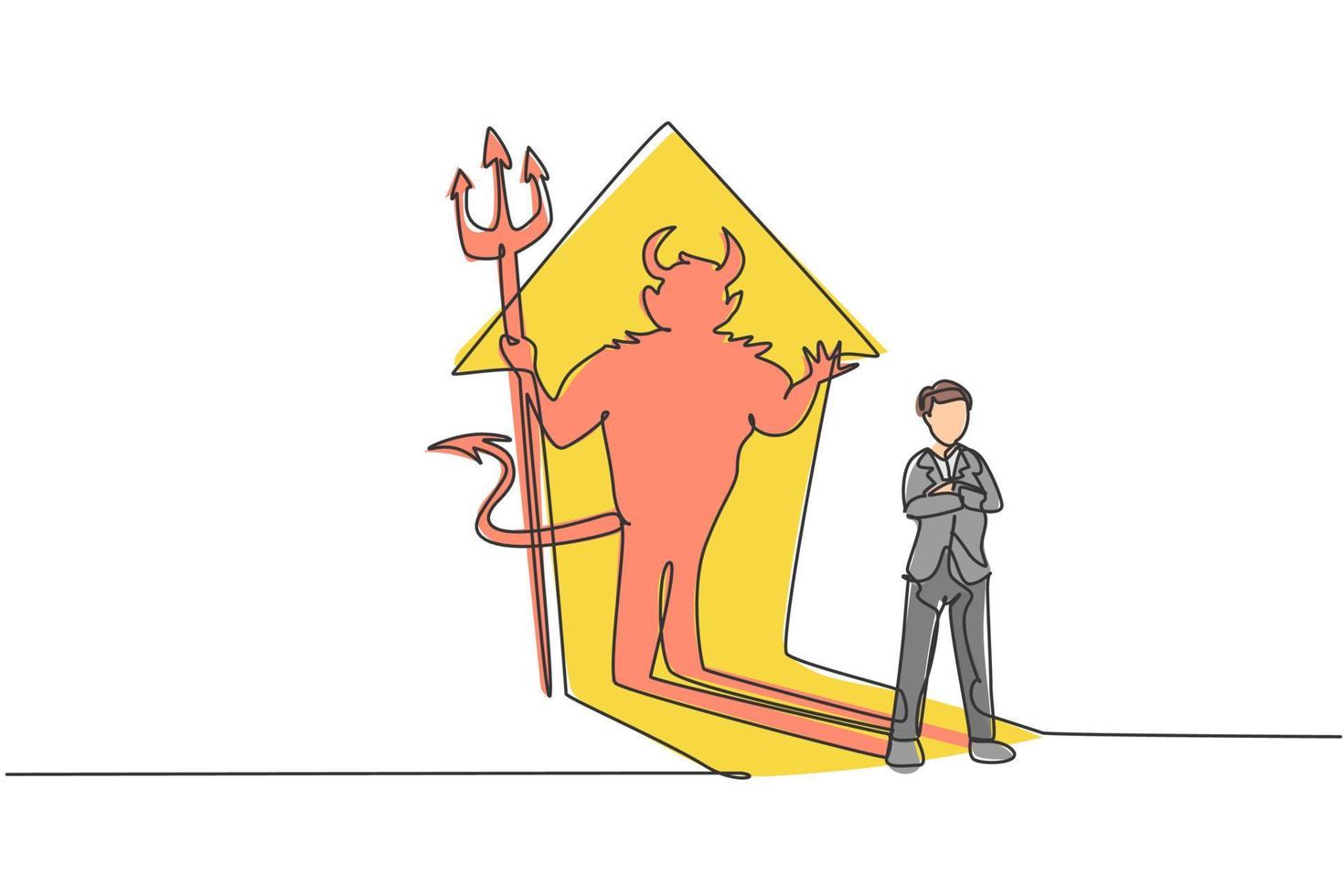 Kontinuierliche einzeilige Zeichnung eines jungen bösen Geschäftsmannes, der hinten mit Teufelsschatten steht. schlechtes minimalistisches konzept des geschäftsführers. trendige Single-Line-Draw-Design-Vektorgrafik-Illustration vektor