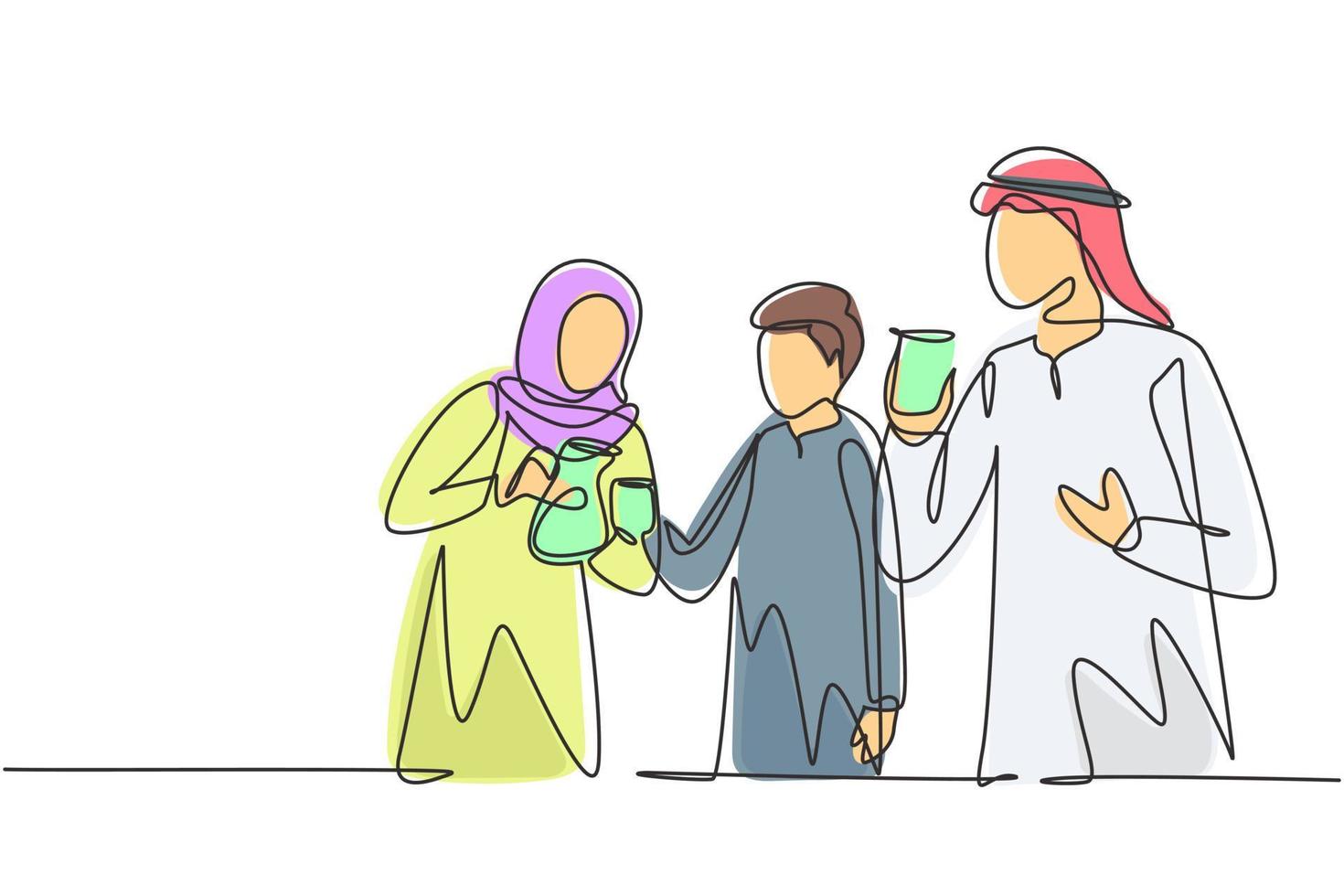 enda kontinuerlig linjeteckning ung arabisk familj firar gemenskap och semester genom att dricka varmt te. avkopplande och uppfriskande ögonblick i livet. dynamisk en rad rita grafisk design vektorillustration vektor