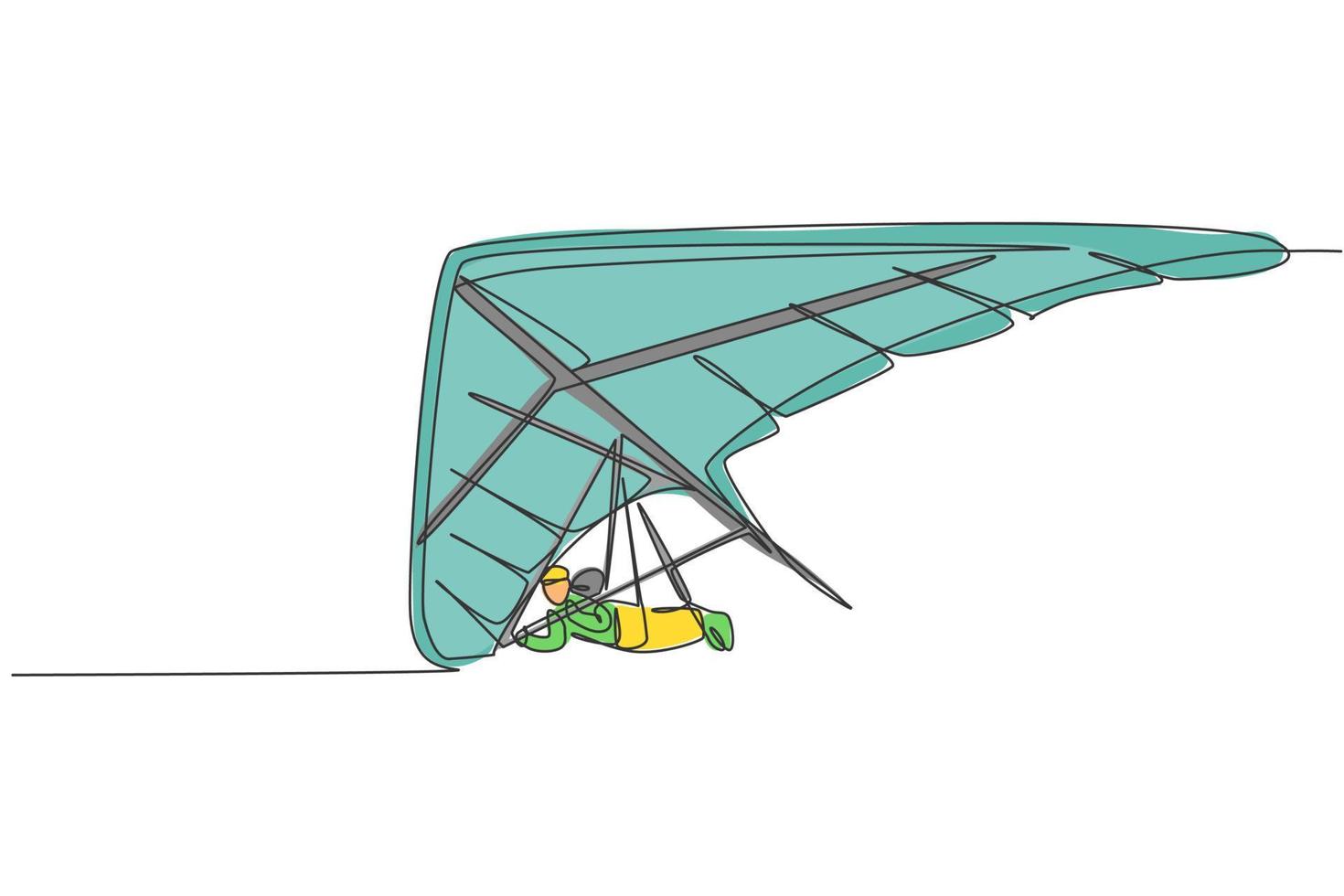 en enda linjeteckning av ung sportig man som flyger med hängglidskärm på himlen grafisk vektorillustration. extrem sport koncept. modern kontinuerlig linjeritningsdesign vektor