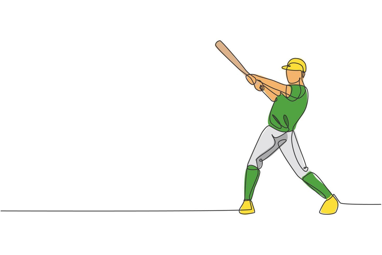 en enda linjeteckning av ung energisk man baseballspelare övar att slå bollen vektorillustration. sport träning koncept. modern kontinuerlig linje ritning design för baseball turnering banner vektor