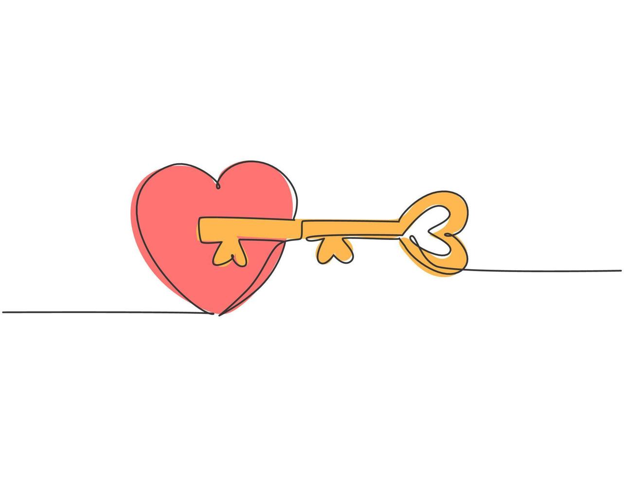 enda kontinuerlig linjeteckning av parets hjärtformade nyckel och nyckelhål passar på pusselsymbolen. romantiska par make äktenskap koncept. modern en linje rita grafisk design vektor illustration