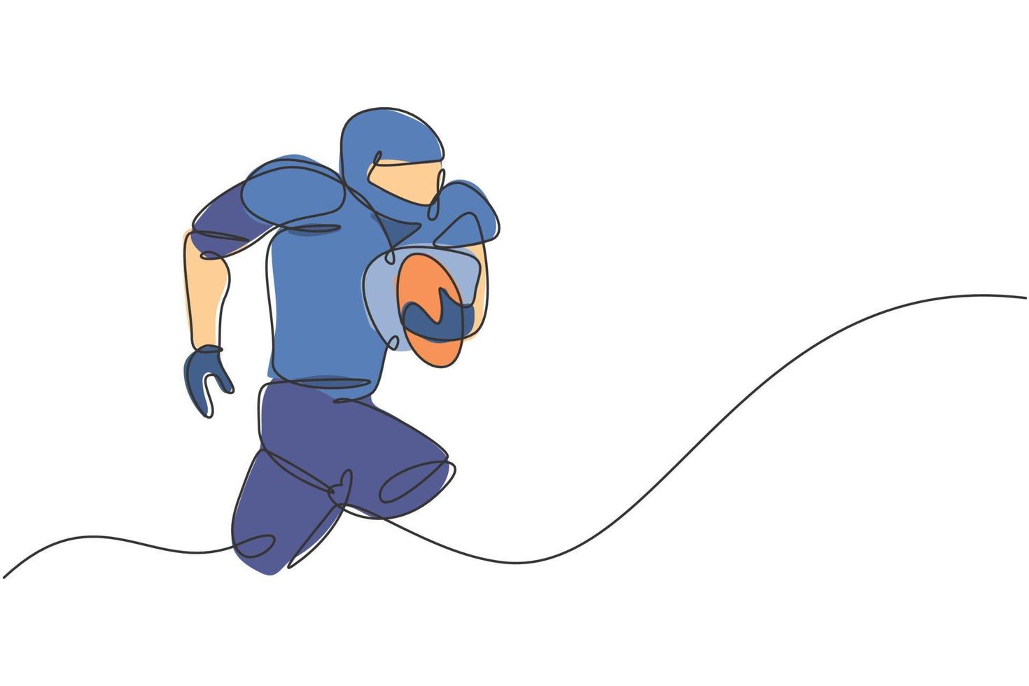 en kontinuerlig linjeteckning av ung muskulös man amerikansk fotbollsspelare springer och håller bollen för konkurrens affisch. sport lagarbete koncept. dynamisk enda rad rita design vektorillustration vektor