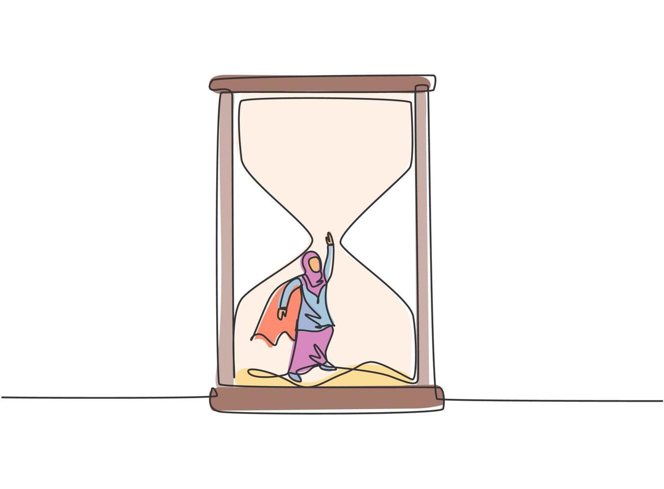 Single One-Line-Zeichnung der jungen arabischen Geschäftsfrau mit Flügelfliegen, um aus der Sanduhr herauszukommen. Minimalismus Metapher Geschäftskonzept. durchgehende Linie zeichnen Design-Grafik-Vektor-Illustration. vektor