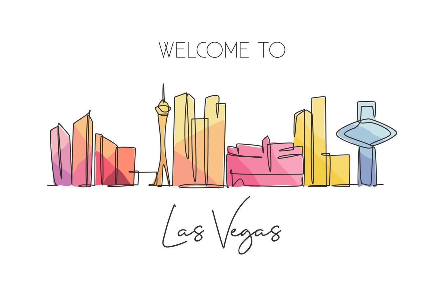 enda kontinuerlig linjeritning av las vegas city skyline, usa. berömda stadsskrapa och landskap. världsresor koncept affisch print konst. redigerbara stroke moderna en rad rita design vektorillustration vektor