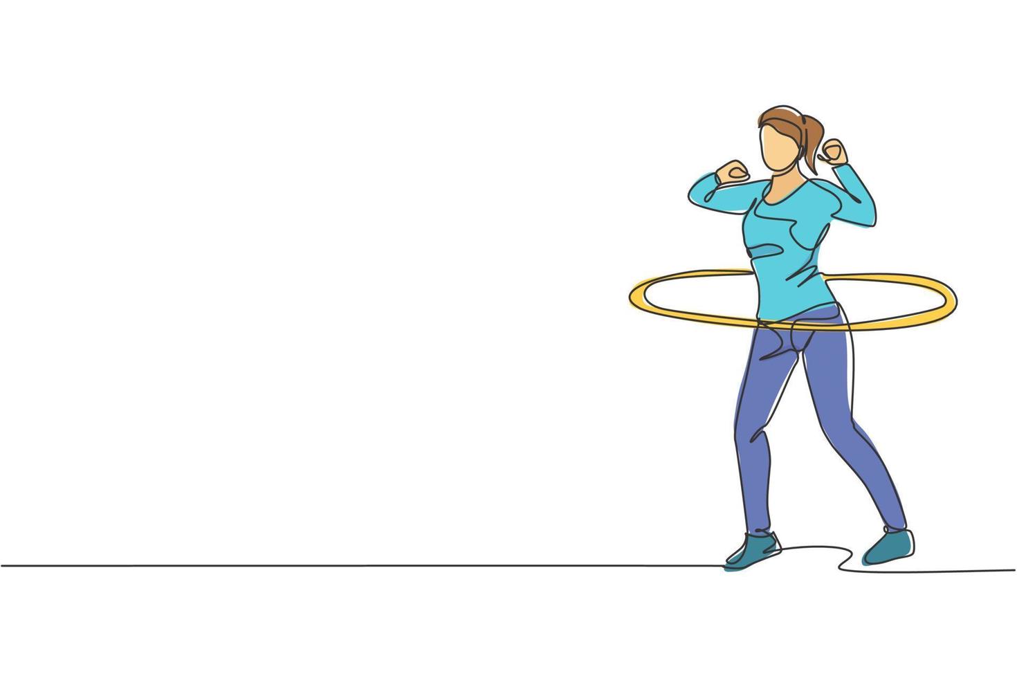 enda kontinuerlig linje teckning av ung sportigt kvinna Lycklig Träning med hula ring i sport gymnasium klubb Centrum. kondition stretching begrepp. trendig ett linje dra design grafisk vektor illustration