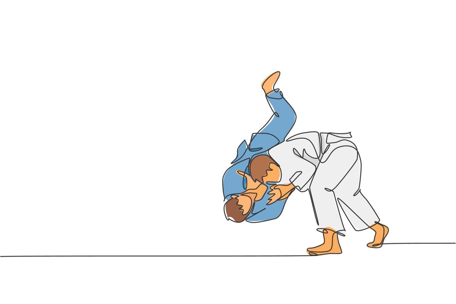 en enda linjeteckning av två unga energiska judokas fighter män slåss slåss på gym center vektorgrafisk illustration. kampsport tävlingskoncept. modern kontinuerlig linjeritningsdesign vektor