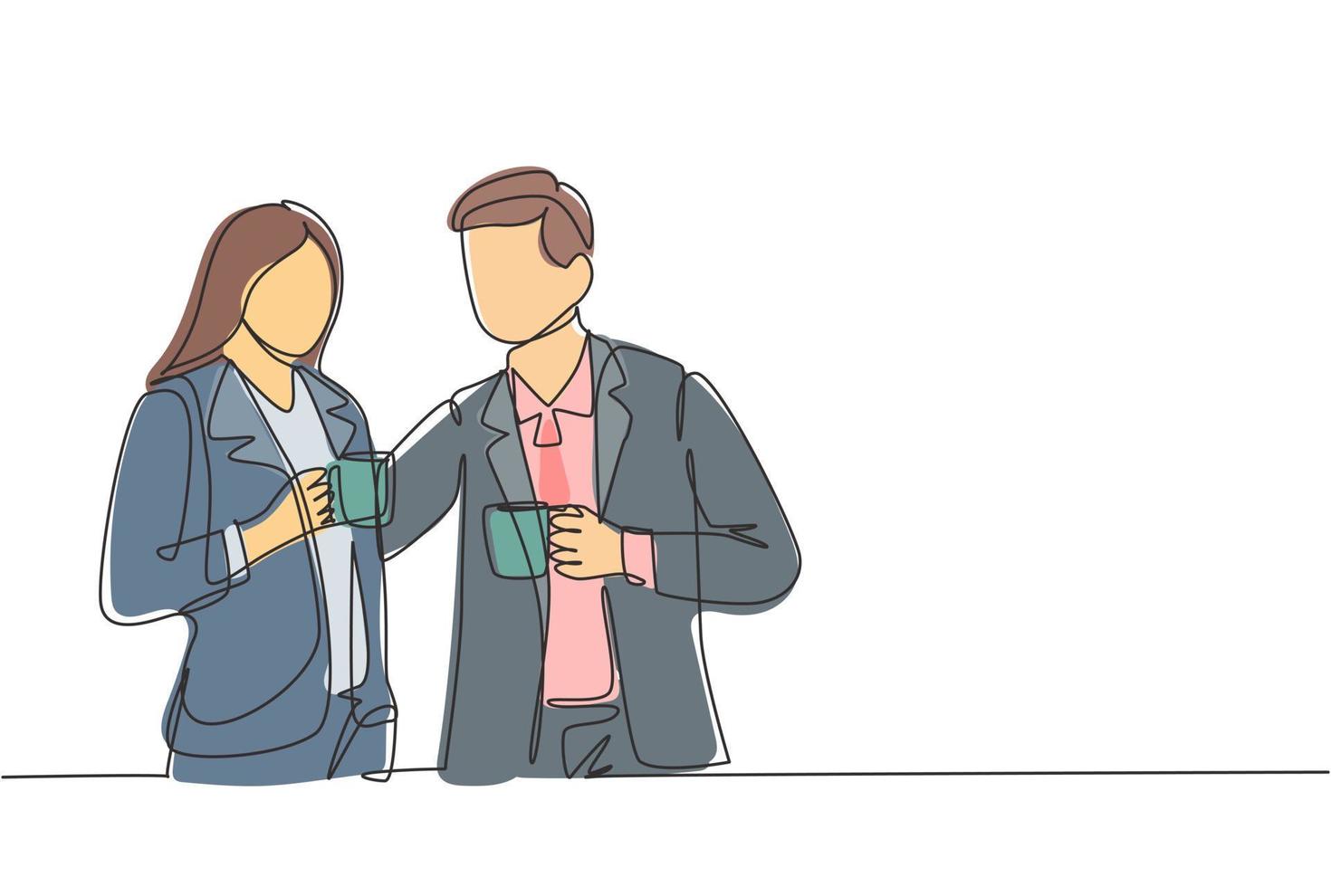 Eine einzige Strichzeichnung junger männlicher und weiblicher Büroangestellter posieren zusammen, während sie eine Tasse Kaffee halten. Arbeitslebenskonzept des Büros. durchgehende Linie zeichnen Design-Vektor-Illustration vektor