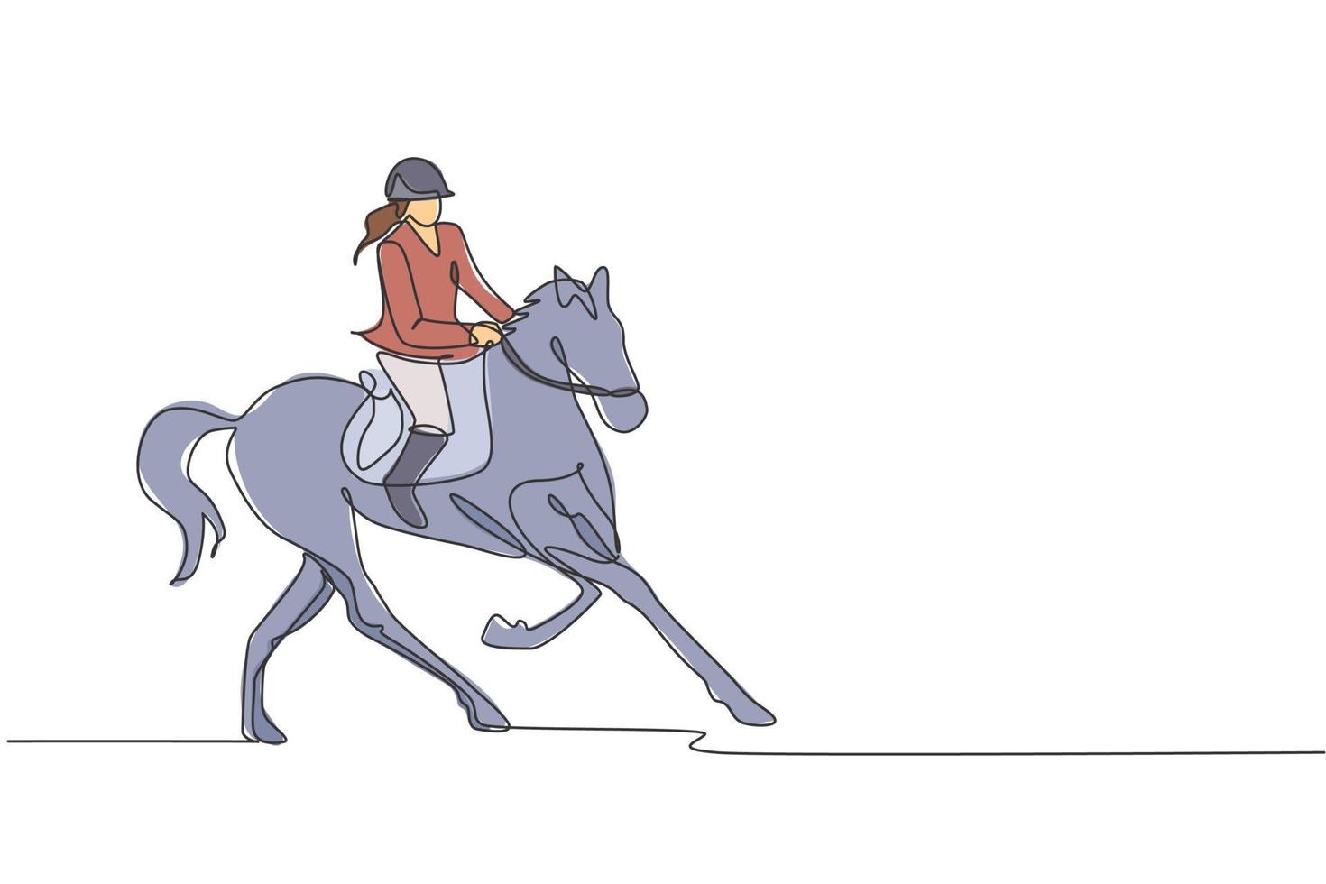 eine durchgehende Strichzeichnung einer jungen Reiterin in Aktion. Pferdelauftraining auf der Rennstrecke. Reitsport-Wettkampfkonzept. dynamische Single-Line-Draw-Design-Vektorillustrationsgrafik vektor