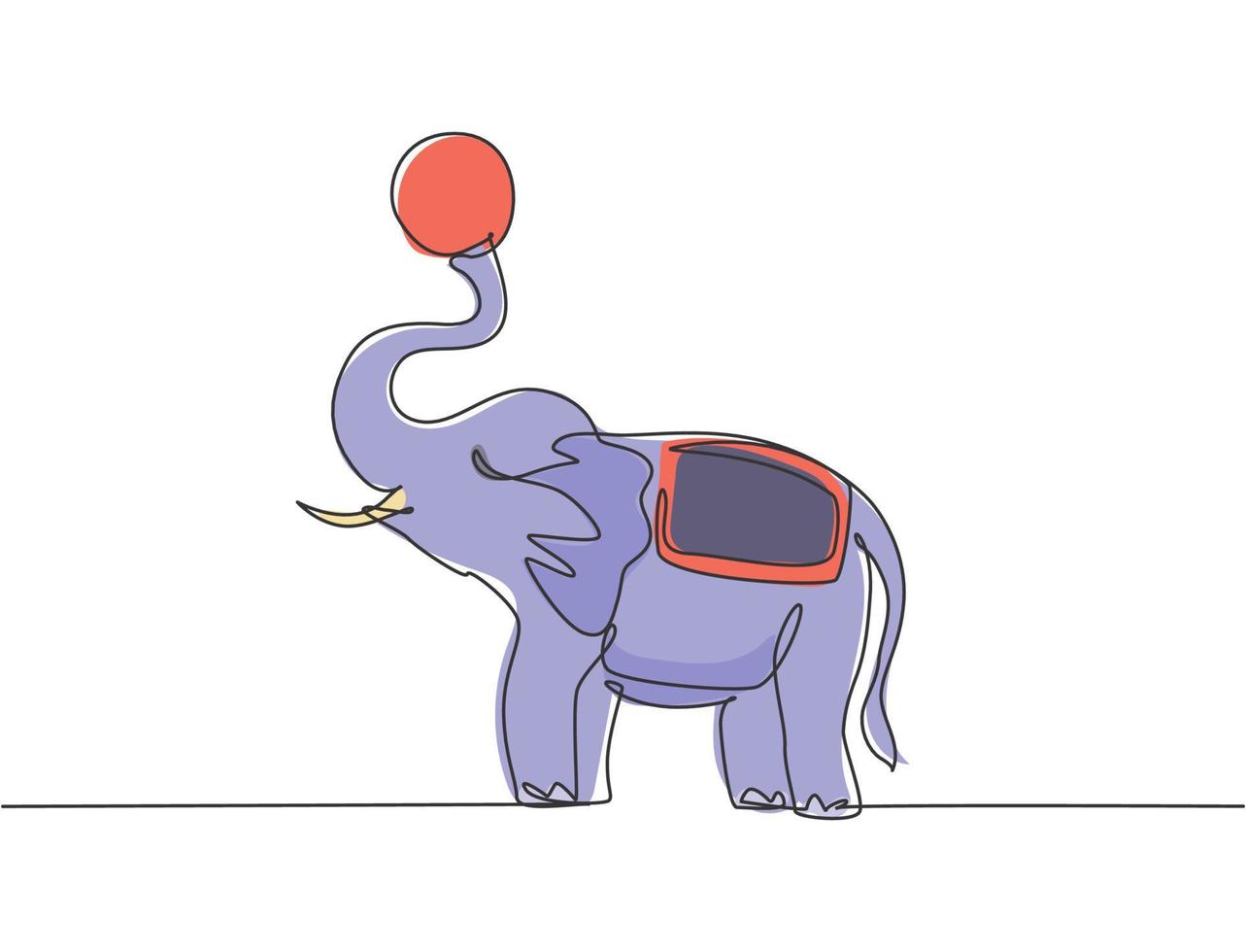 enda en linje ritning av en elefant står och spelar en boll i slutet av sin stam. cirkuspubliken var förvånad över föreställningen. modern kontinuerlig linje rita design grafisk vektor illustration.