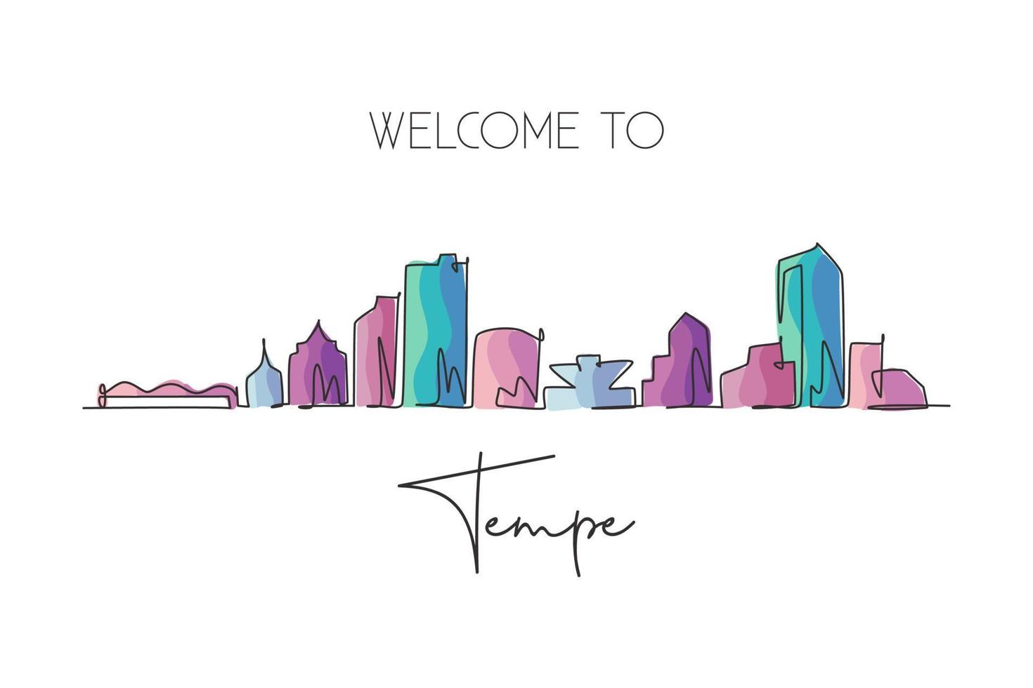 en kontinuerlig linje ritning tempe city skyline, arizona. vackert landmärke vykort. världens landskapsturism resa hem väggdekoraffisch. snygg enkel linje rita design vektor illustration